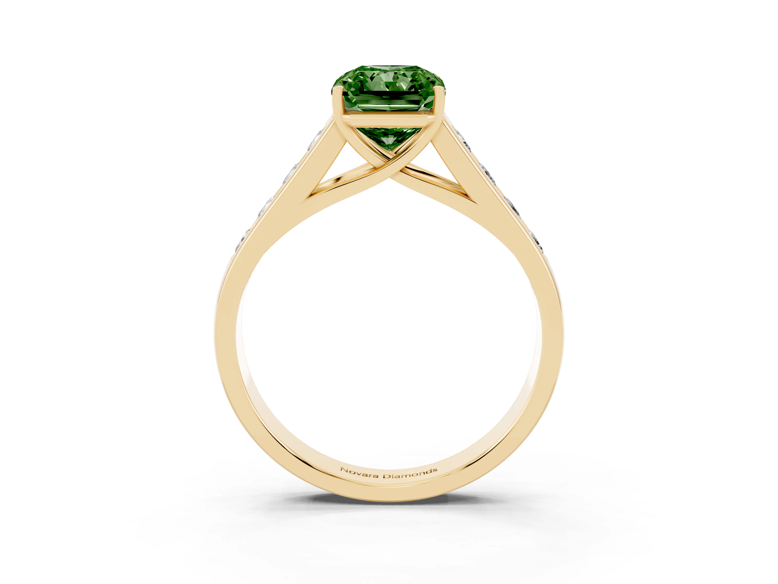 Fancy Green Radiant Cut Diamond Brilliant Channel-Set Solitaire Ring Set in Yellow gold with Prong Setting