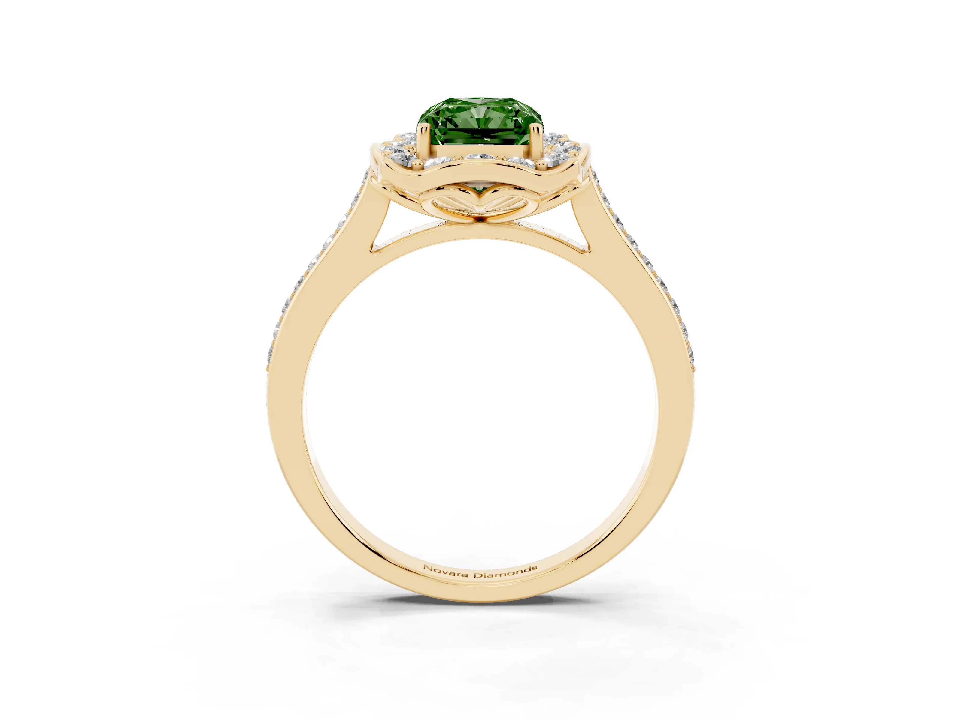 Fancy Green Radiant Cut Diamond Halo Ring Set in Yellow gold with Pavé-Lined Shoulders and Prong Setting