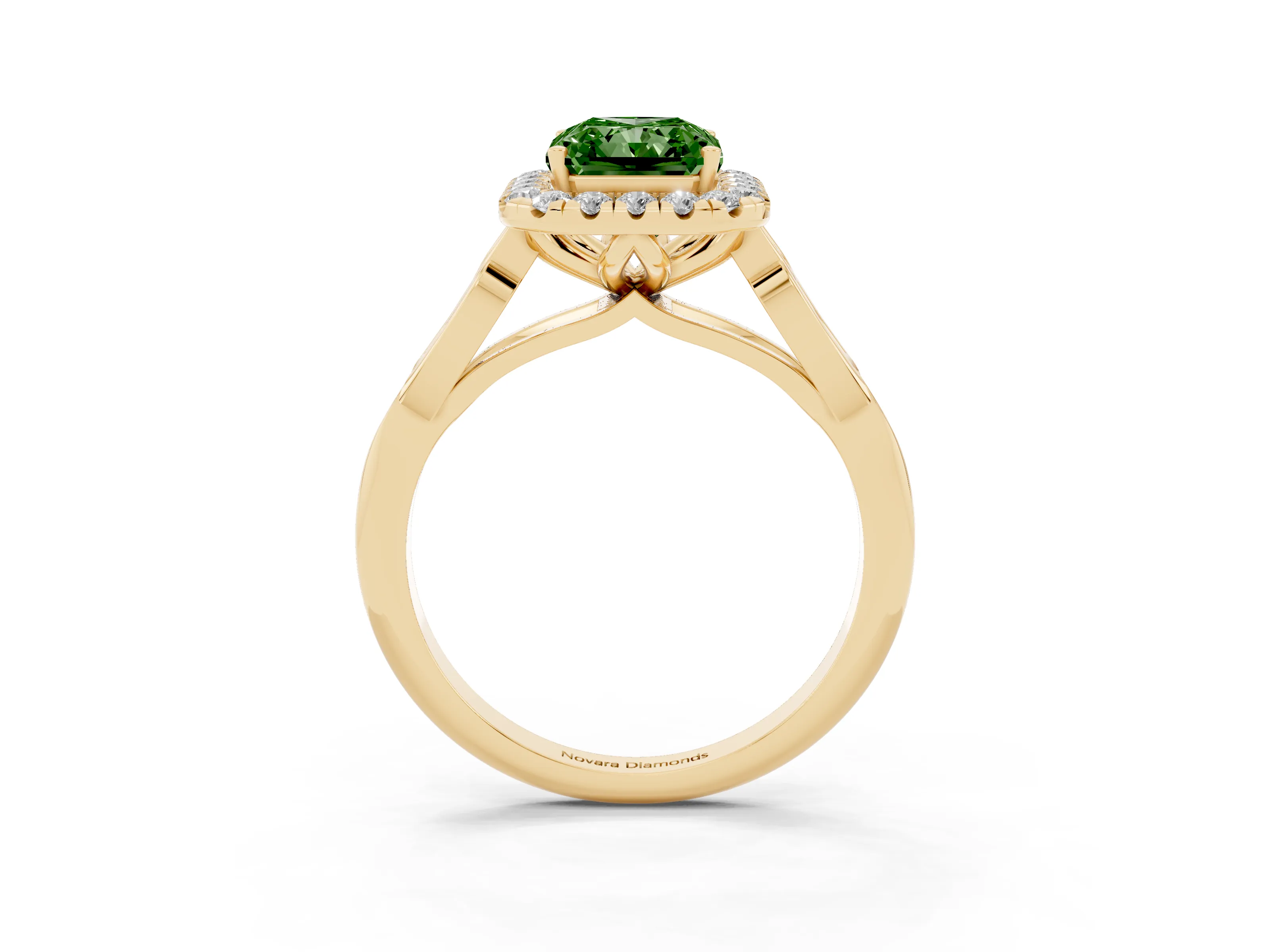 Fancy Green Radiant Cut Diamond Halo Engagement Ring Set in Yellow gold with Filigree Band and Prong-Set Center