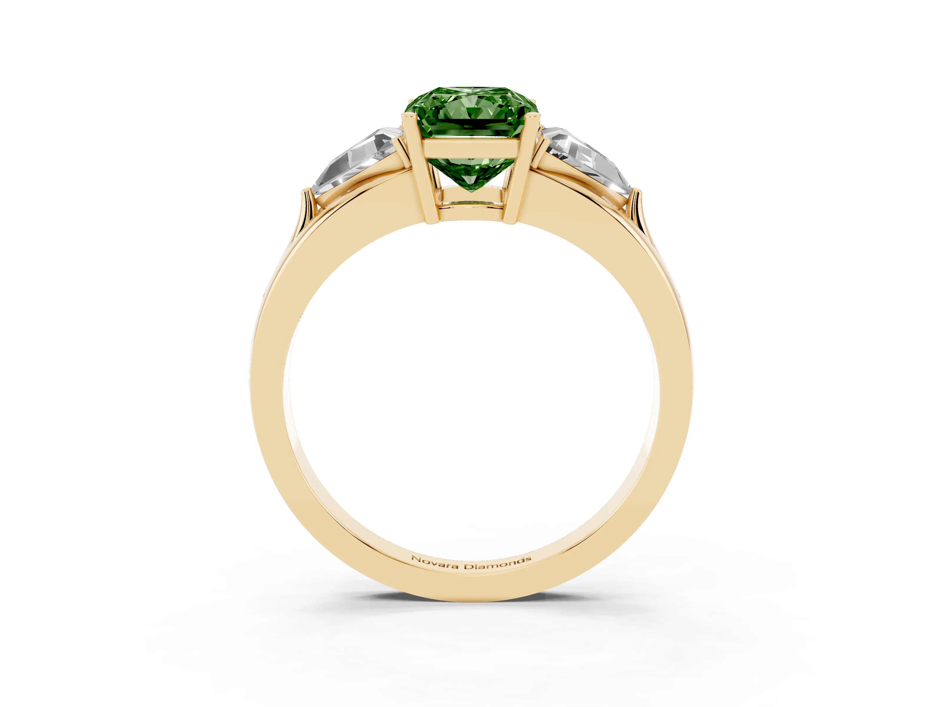 Fancy Green Radiant Cut Diamond Three-Stone Ring Set in Yellow gold with Trillion Side Stones and Split Shank