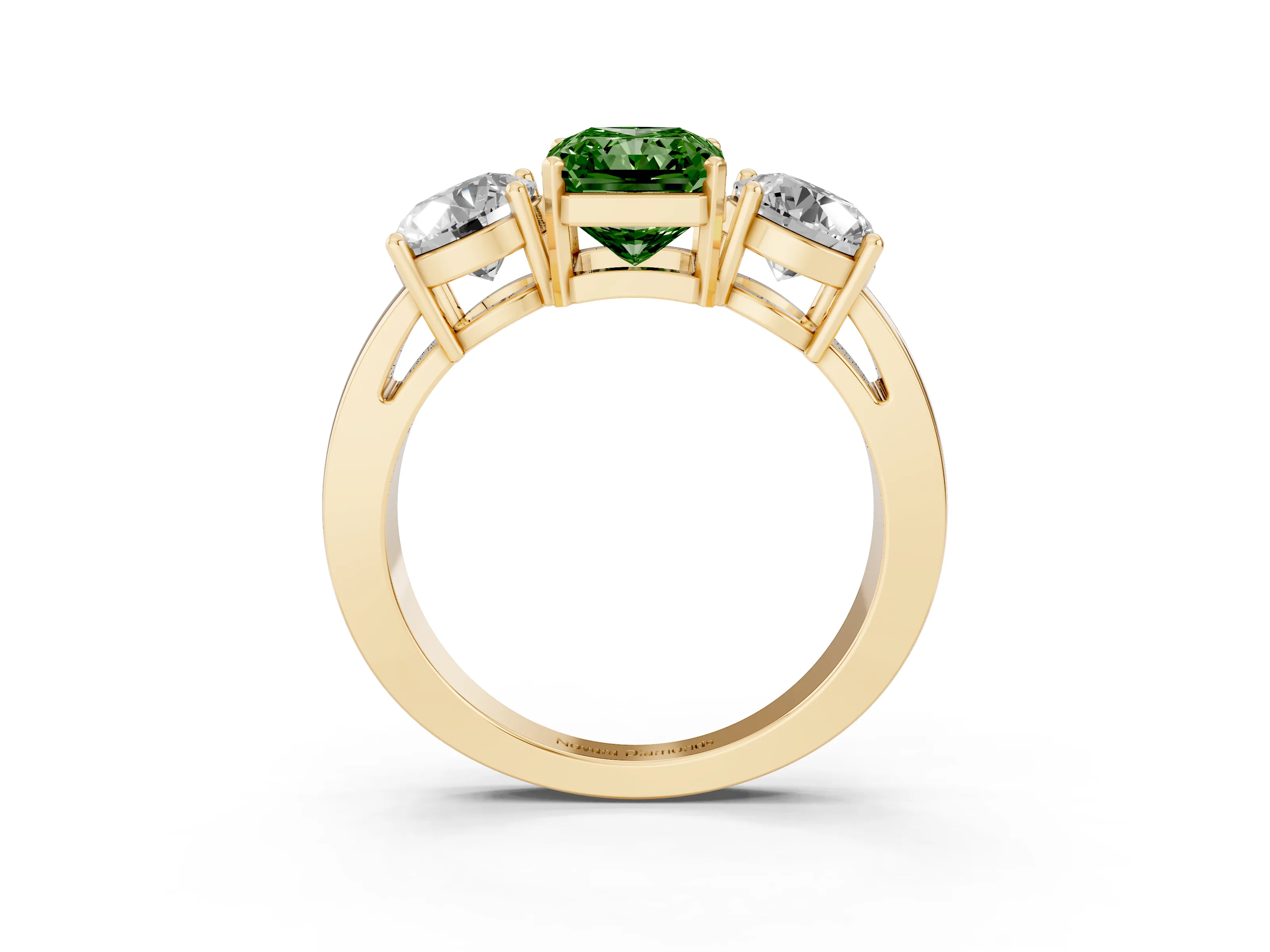 Fancy Green Radiant Cut Diamond Three-Stone Ring Set in Yellow gold with Round Side Stones and Classic Band