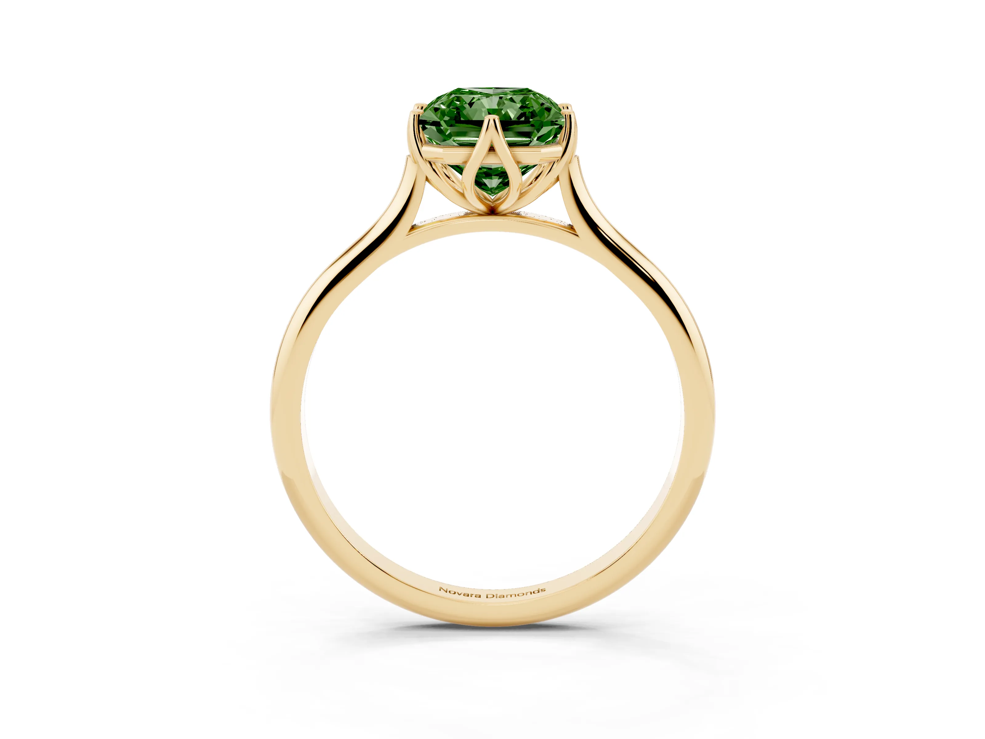 Fancy Green Radiant Cut Diamond Solitaire Cathedral Ring Set in Yellow gold with Prong Setting