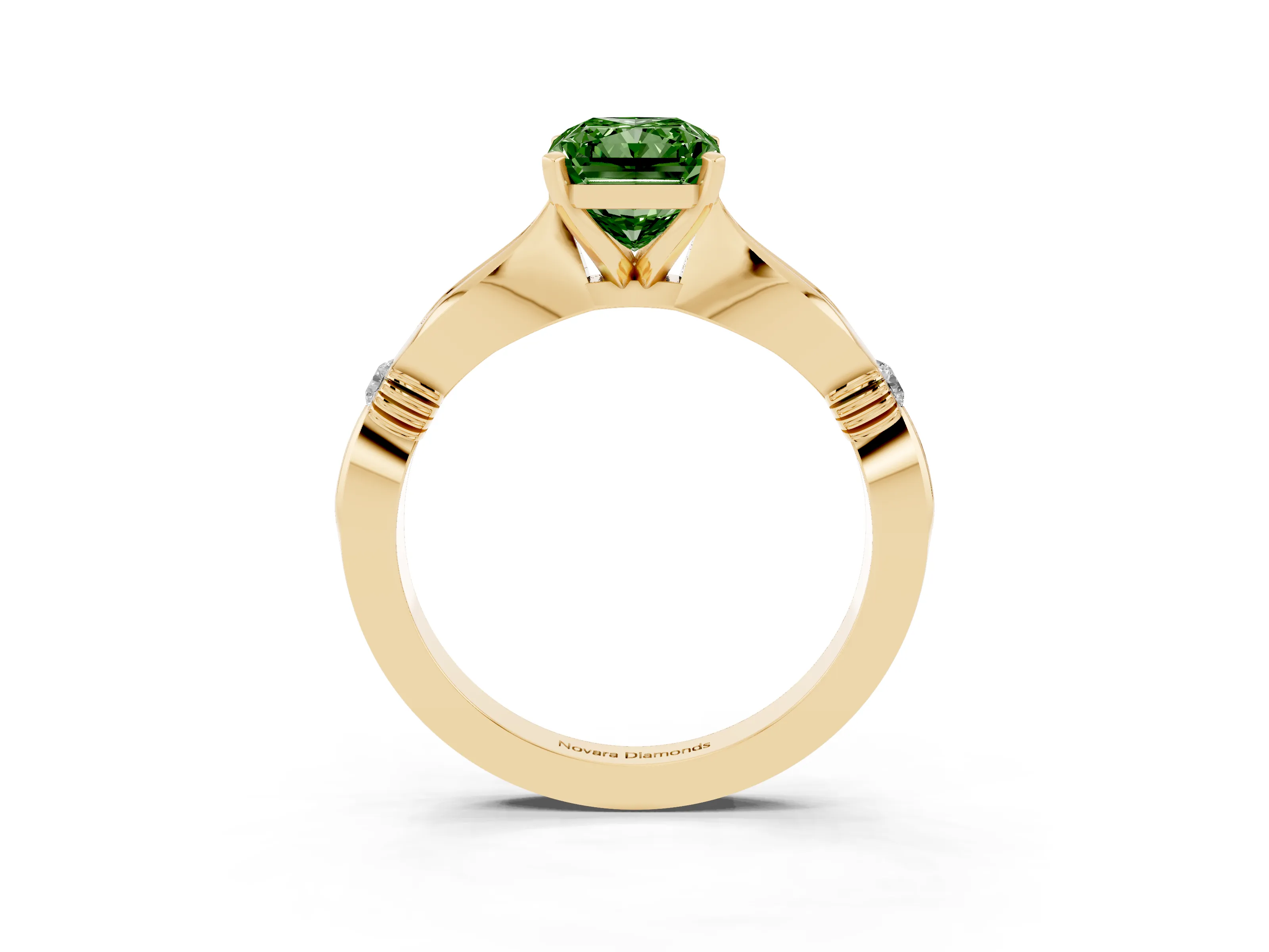 Fancy Green Radiant Cut Diamond Solitaire Twisted Band Ring Set in Yellow gold with Accent Stones and Prong Setting
