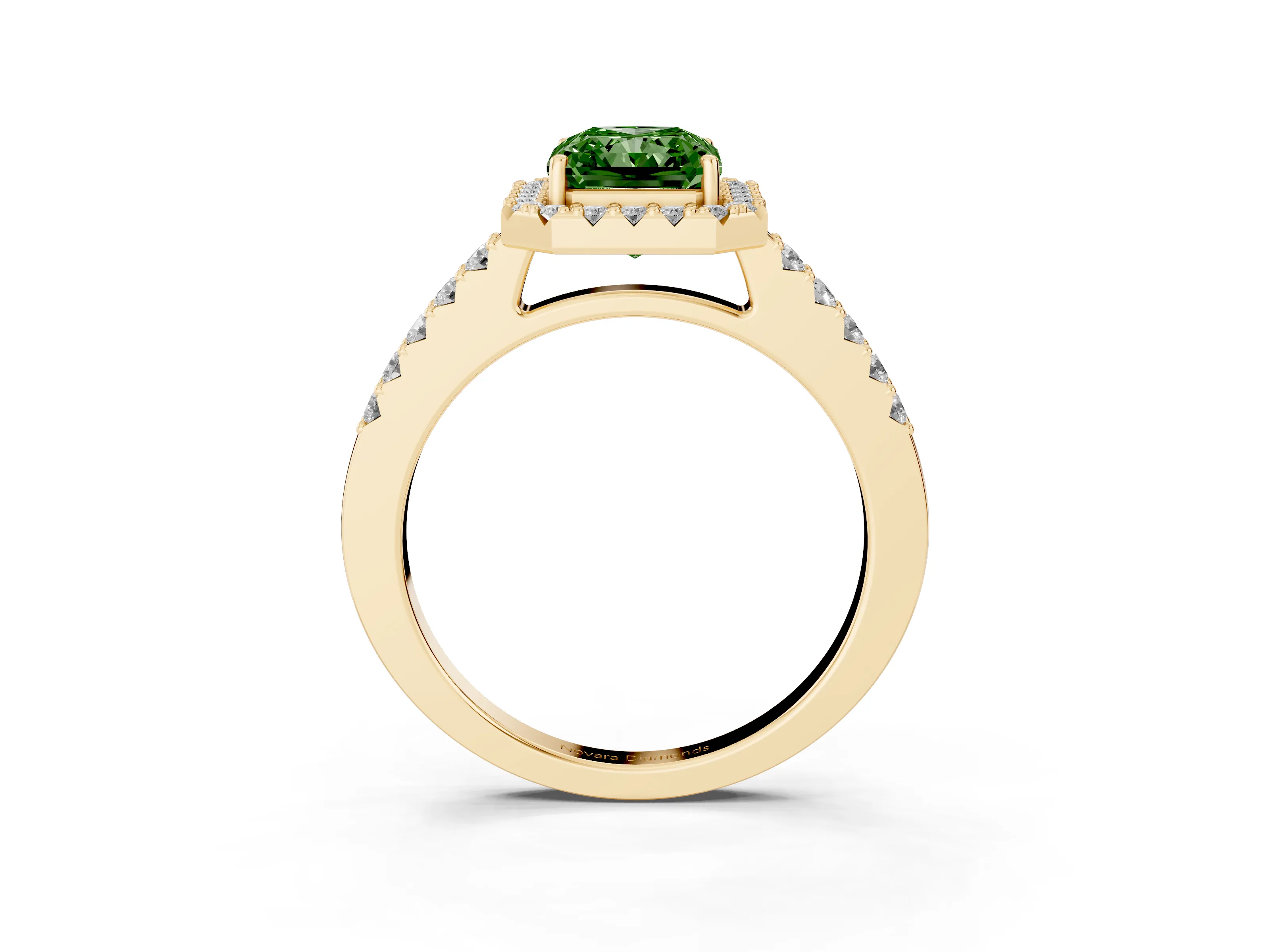 Fancy Green Radiant Cut Diamond Halo Pavé Solitaire Ring Set in Yellow gold with Prong-Set Center Stone