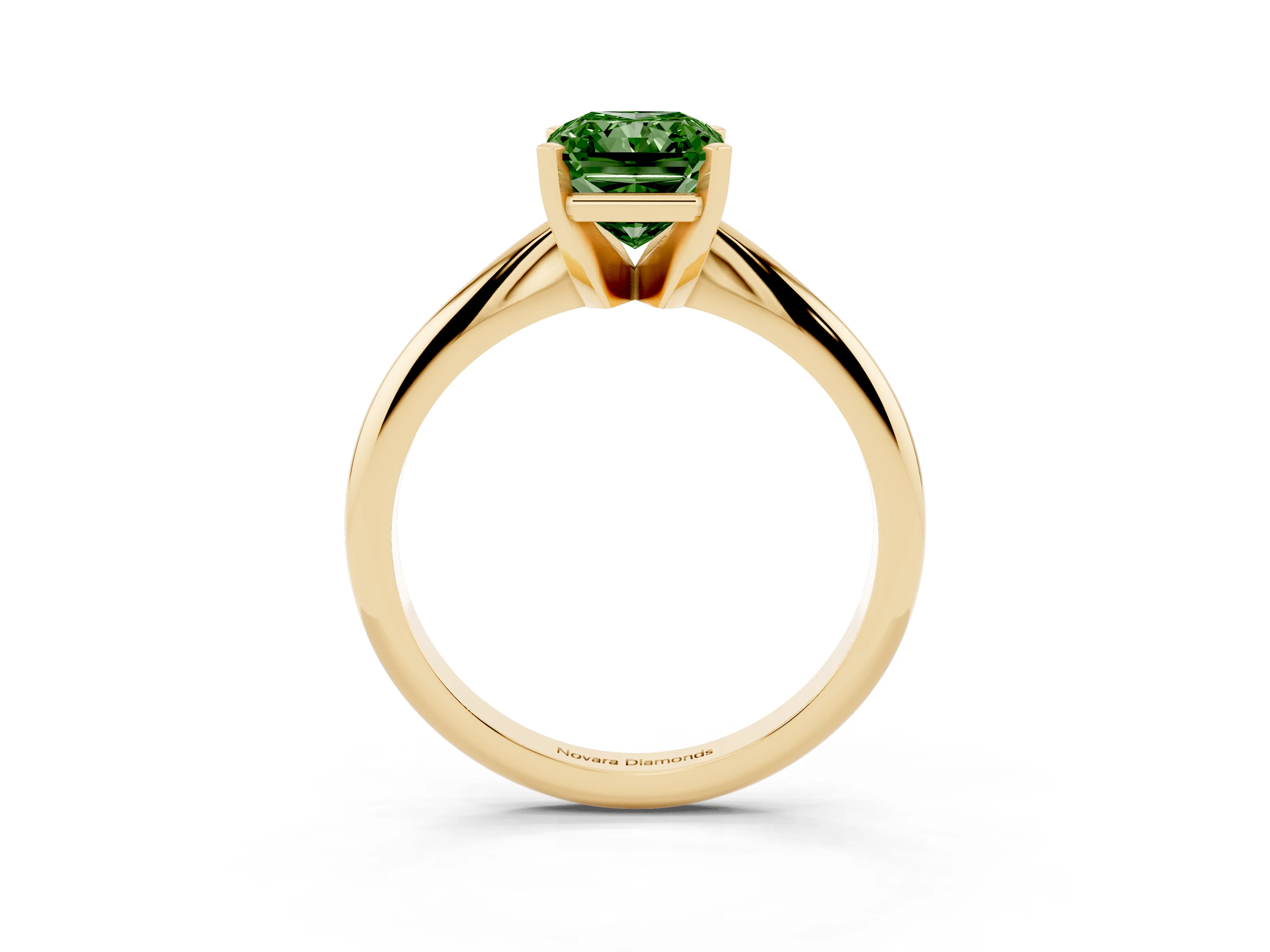Fancy Green Radiant Cut Diamond Solitaire Ring Set in Yellow gold with Prong Setting on a Plain Round Band