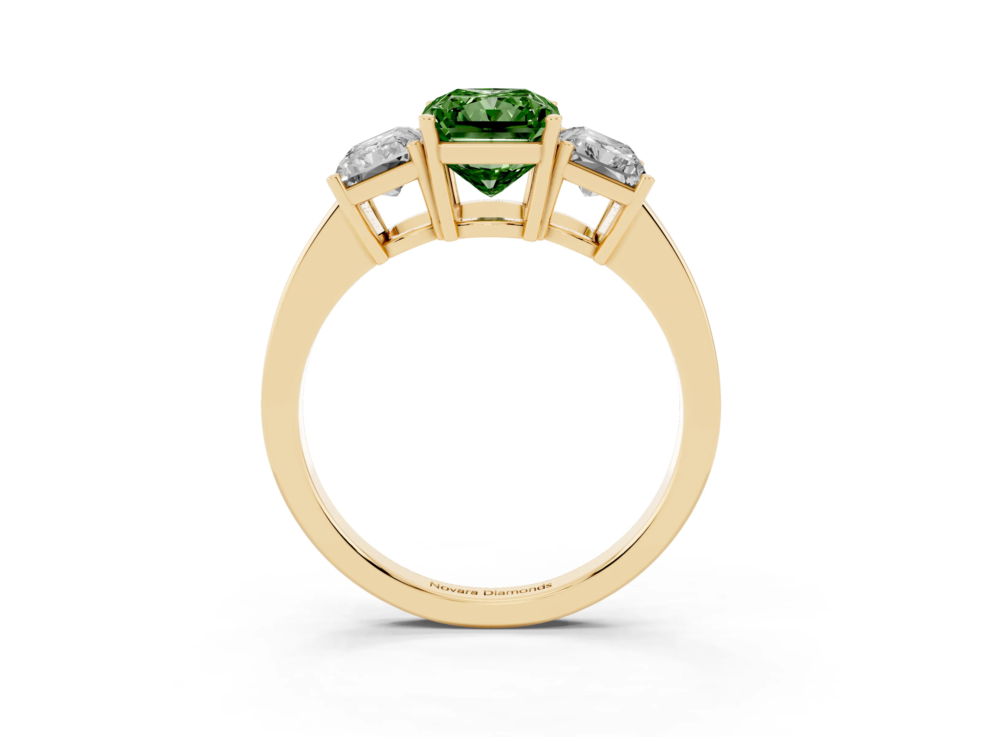 Fancy Green Radiant Cut Diamond Three-Stone Engagement Ring Set in Yellow gold with Flat Band