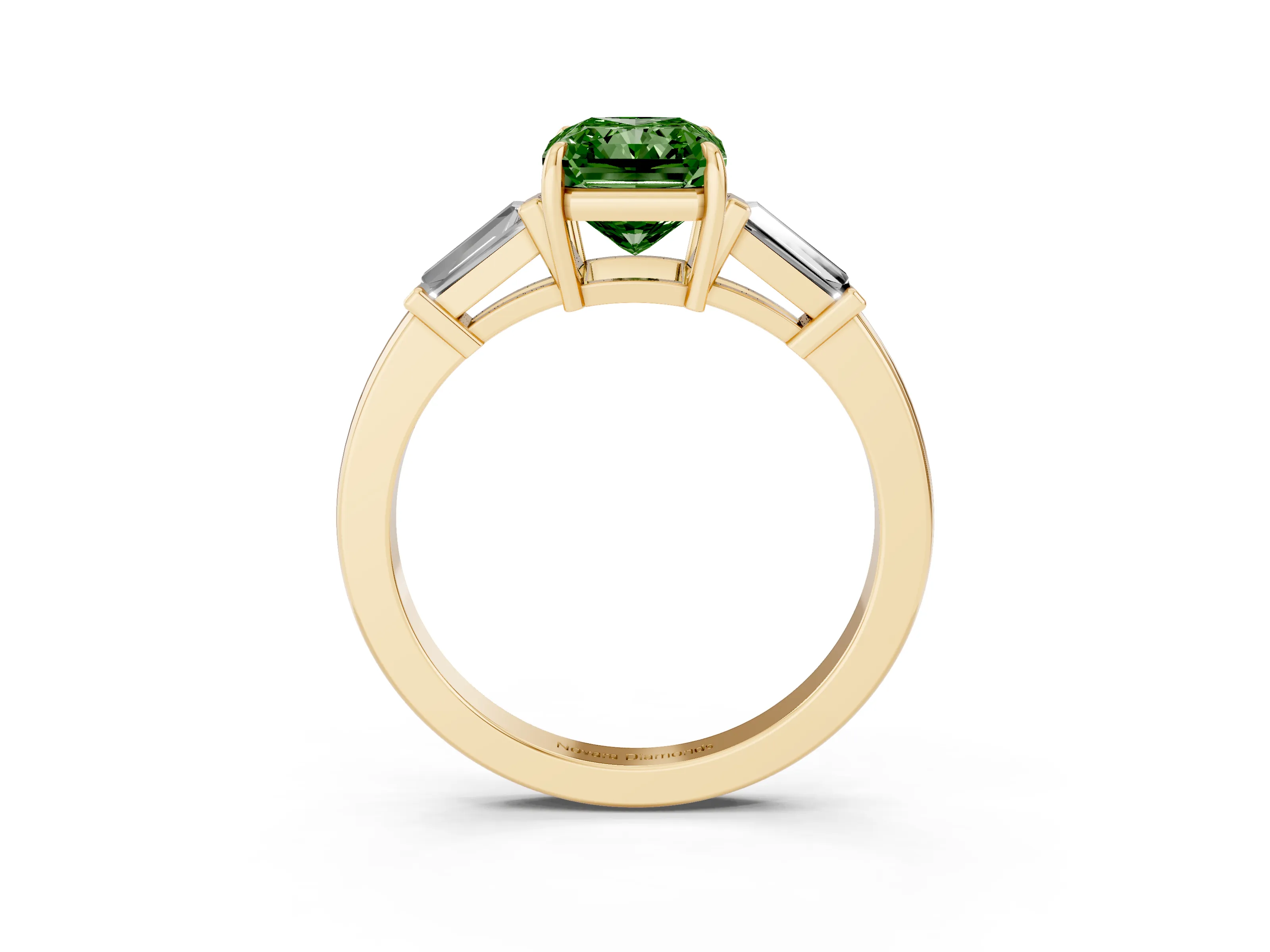 Fancy Green Radiant Cut Diamond Three-Stone Ring Set in Yellow gold with Tapered Baguette Side Stones and Prong Setting