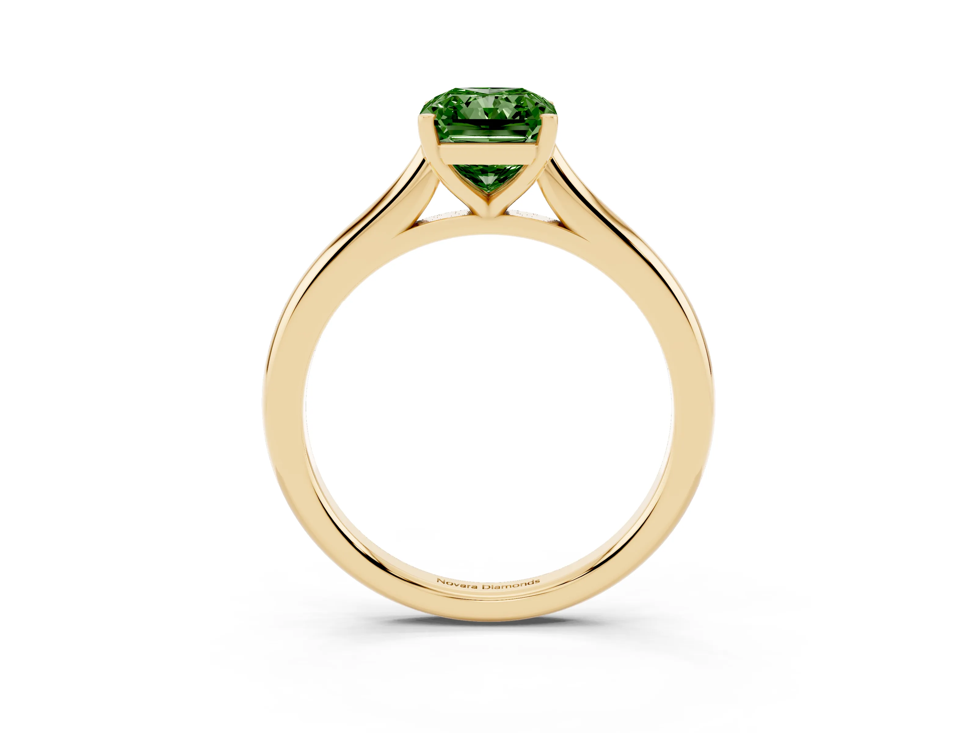 Fancy Green Radiant Cut Diamond Solitaire Ring Set in Yellow gold with Cathedral Band and Prong Setting
