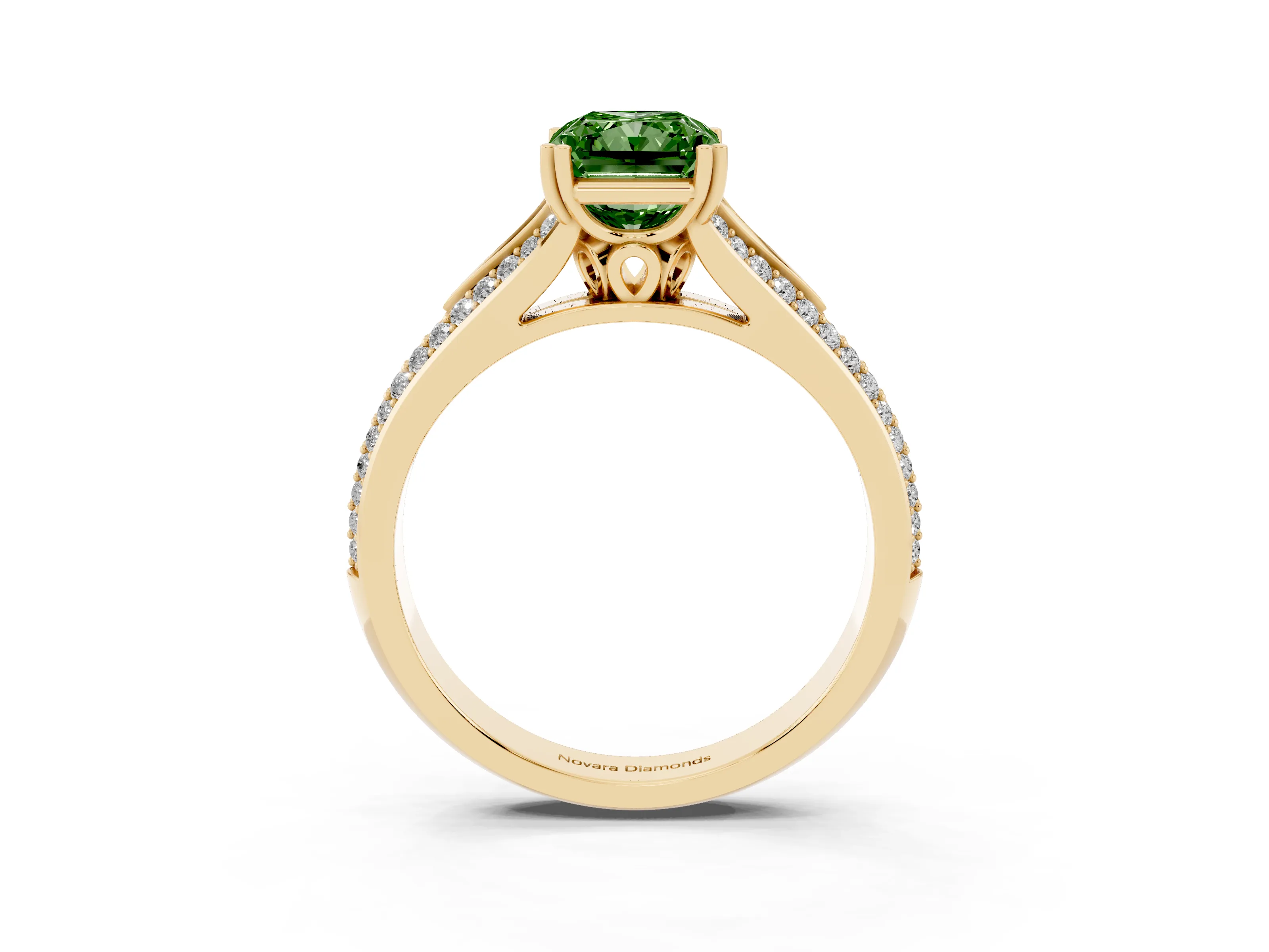Fancy Green Radiant Cut Diamond Split Shank Pavé Engagement Ring Set in Yellow gold with Prong-Set Center Stone