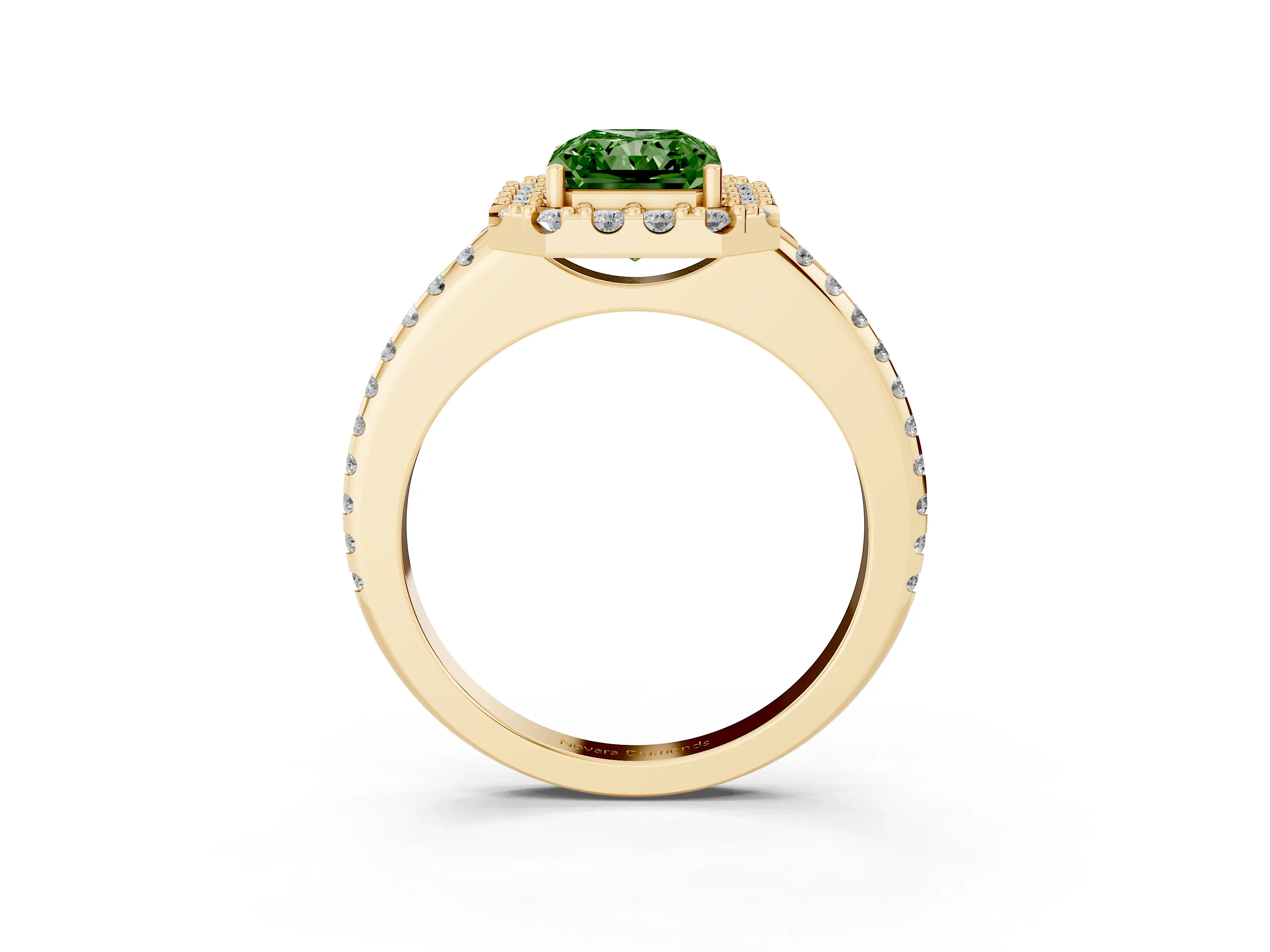Fancy Green Radiant Cut Diamond Pavé Halo Ring Set in Yellow gold with Prong Setting