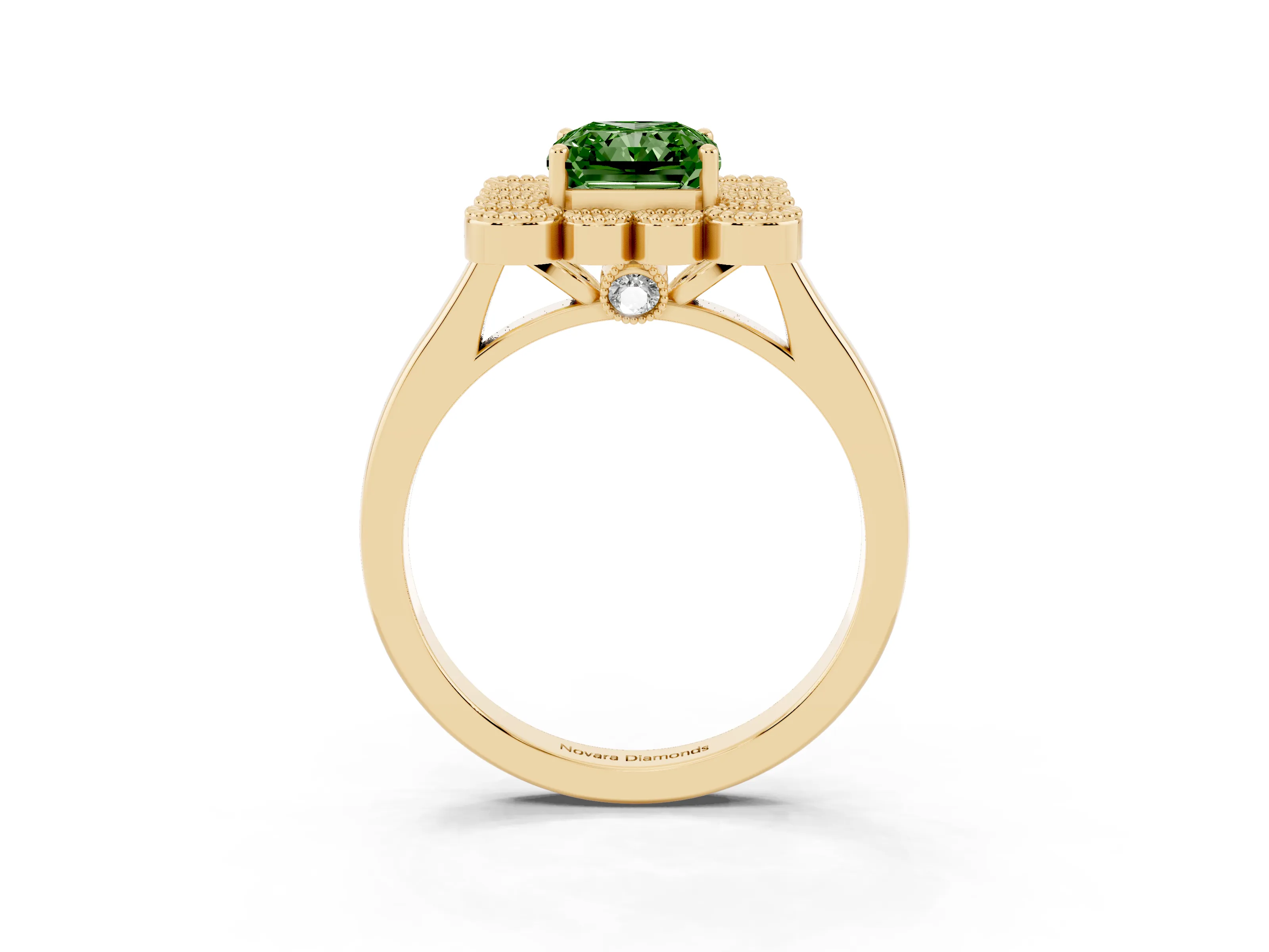 Fancy Green Radiant Cut Diamond Cluster Halo Ring Set in Yellow gold with Milgrain Bezel Accents and Plain Band