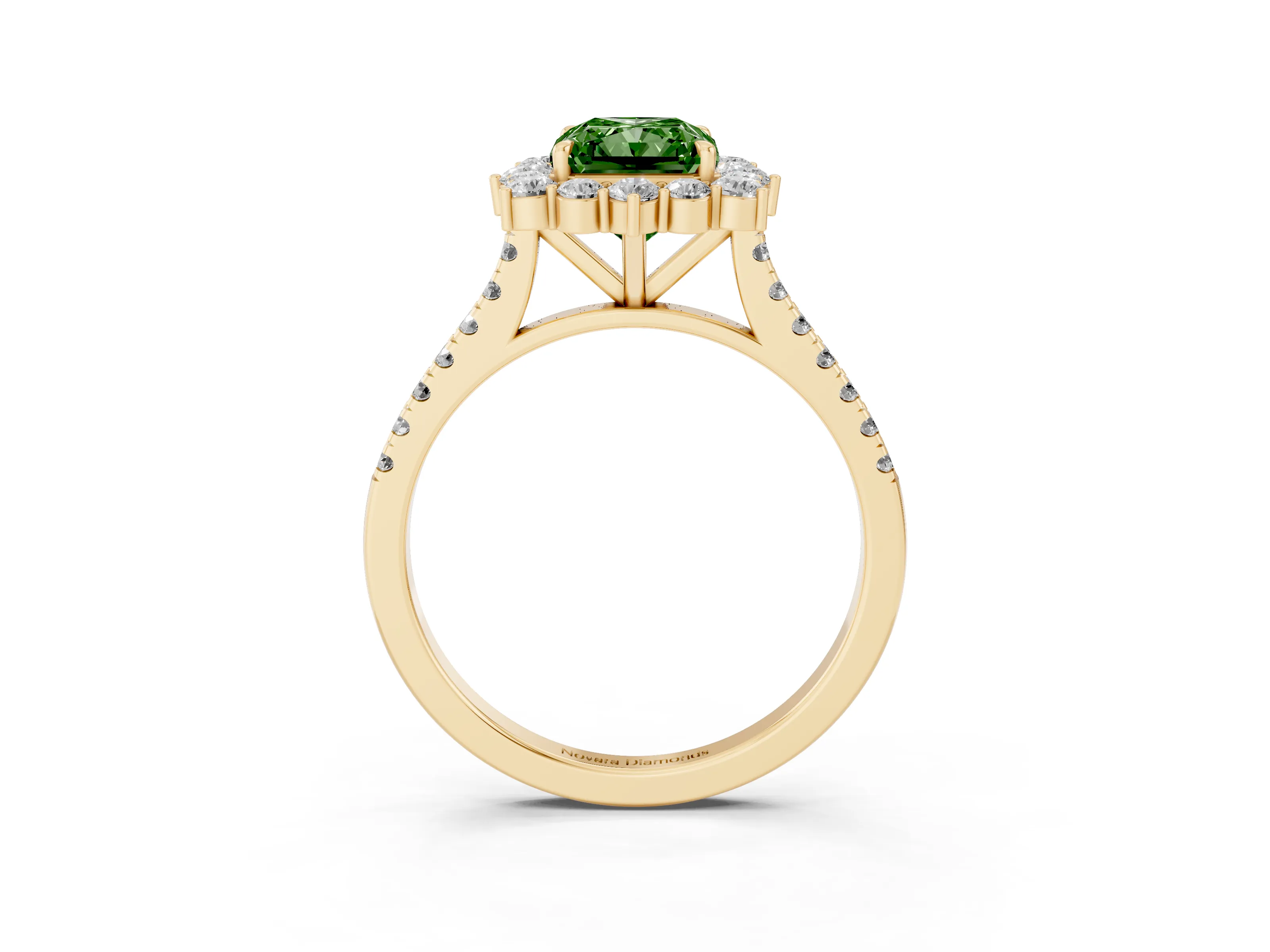 Fancy Green Radiant Cut Diamond Halo Ring Set in Yellow gold with Pavé Band and Prong Setting