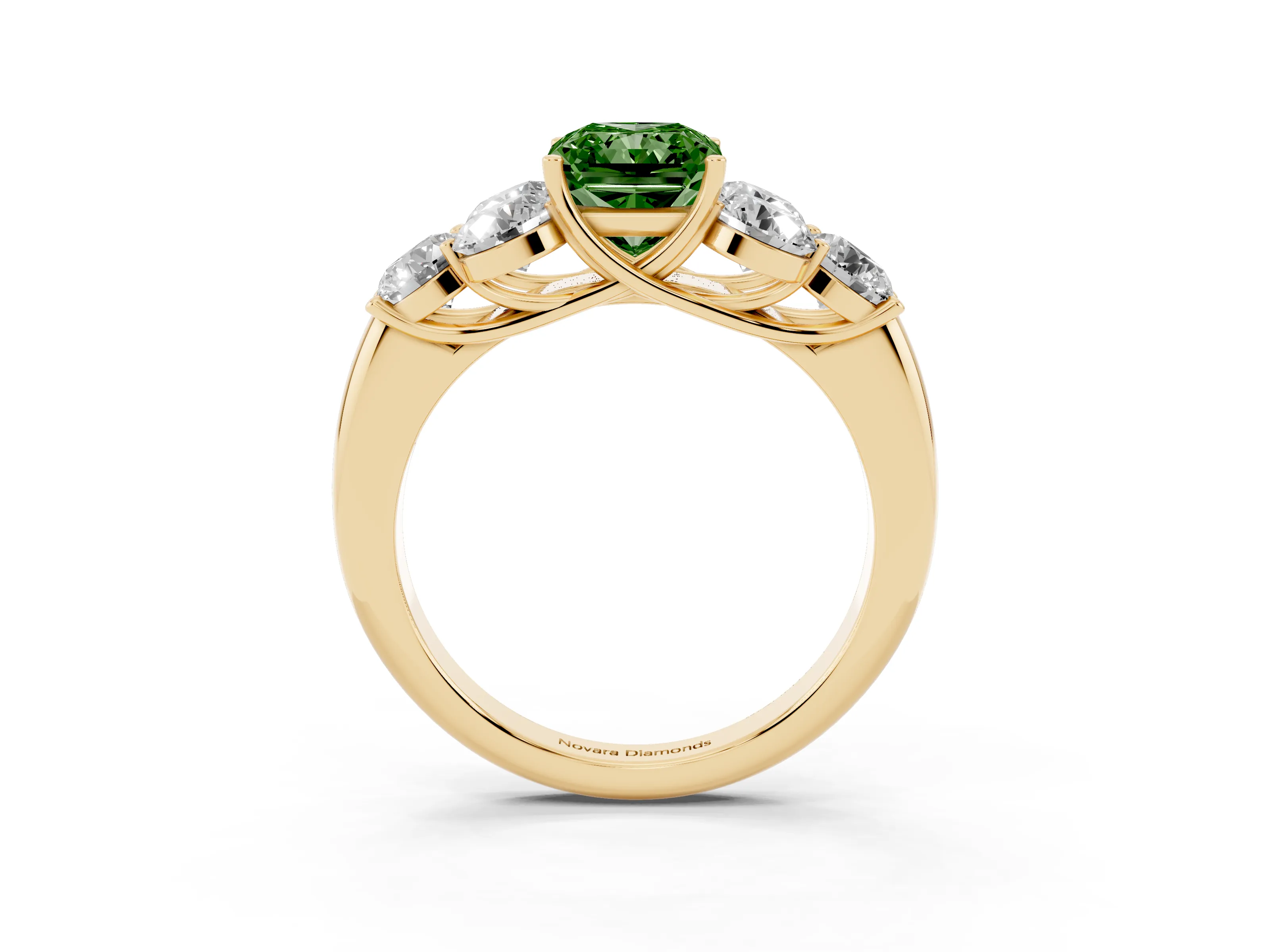 Fancy Green Radiant Cut Diamond Cluster Ring Set in Yellow gold with Round Accent Stones and Prong Setting on a Plain Band