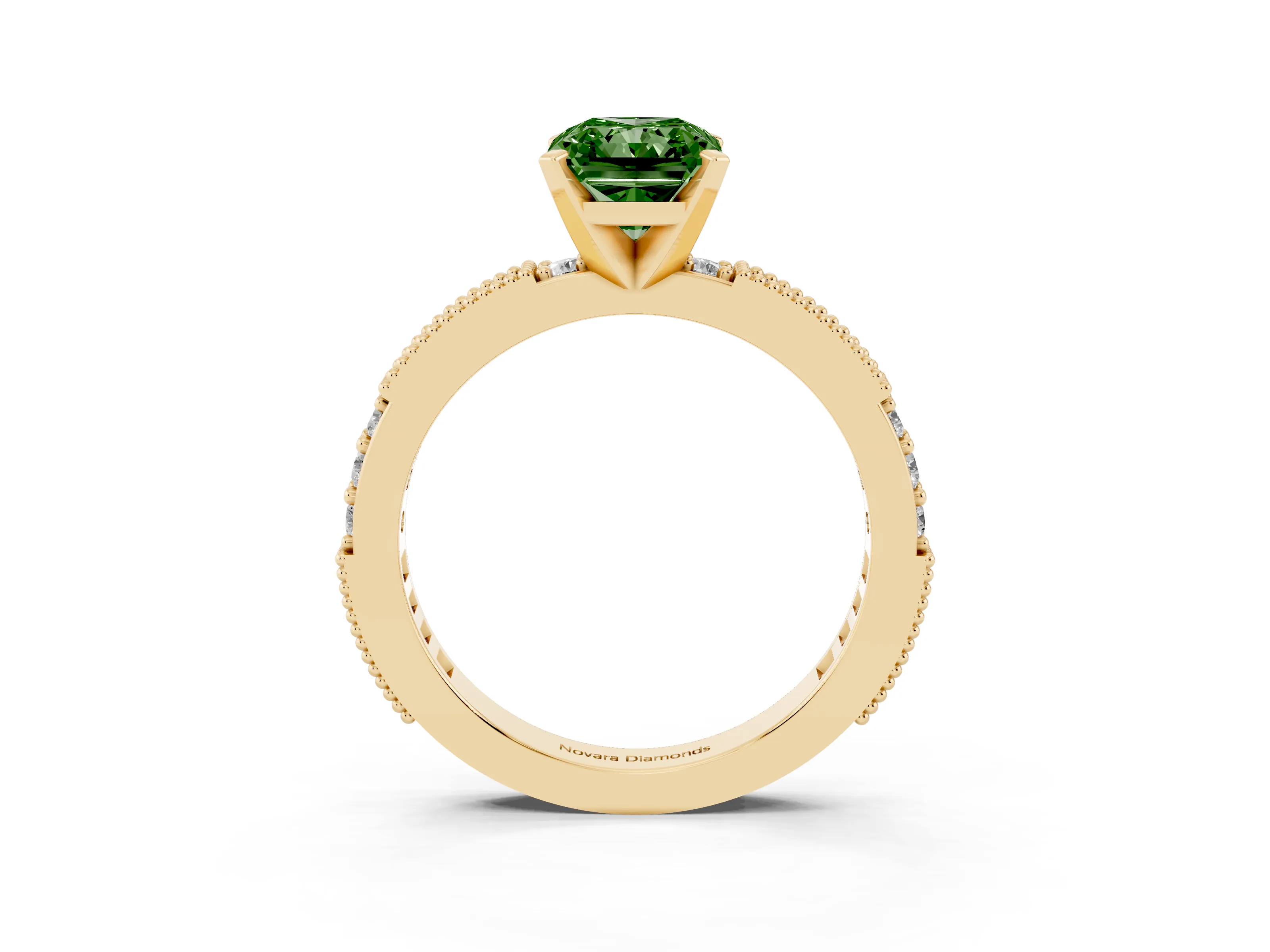 Fancy Green Radiant Cut Diamond Solitaire Ring Set in Yellow gold with Slim Pavé Band and Prong Setting