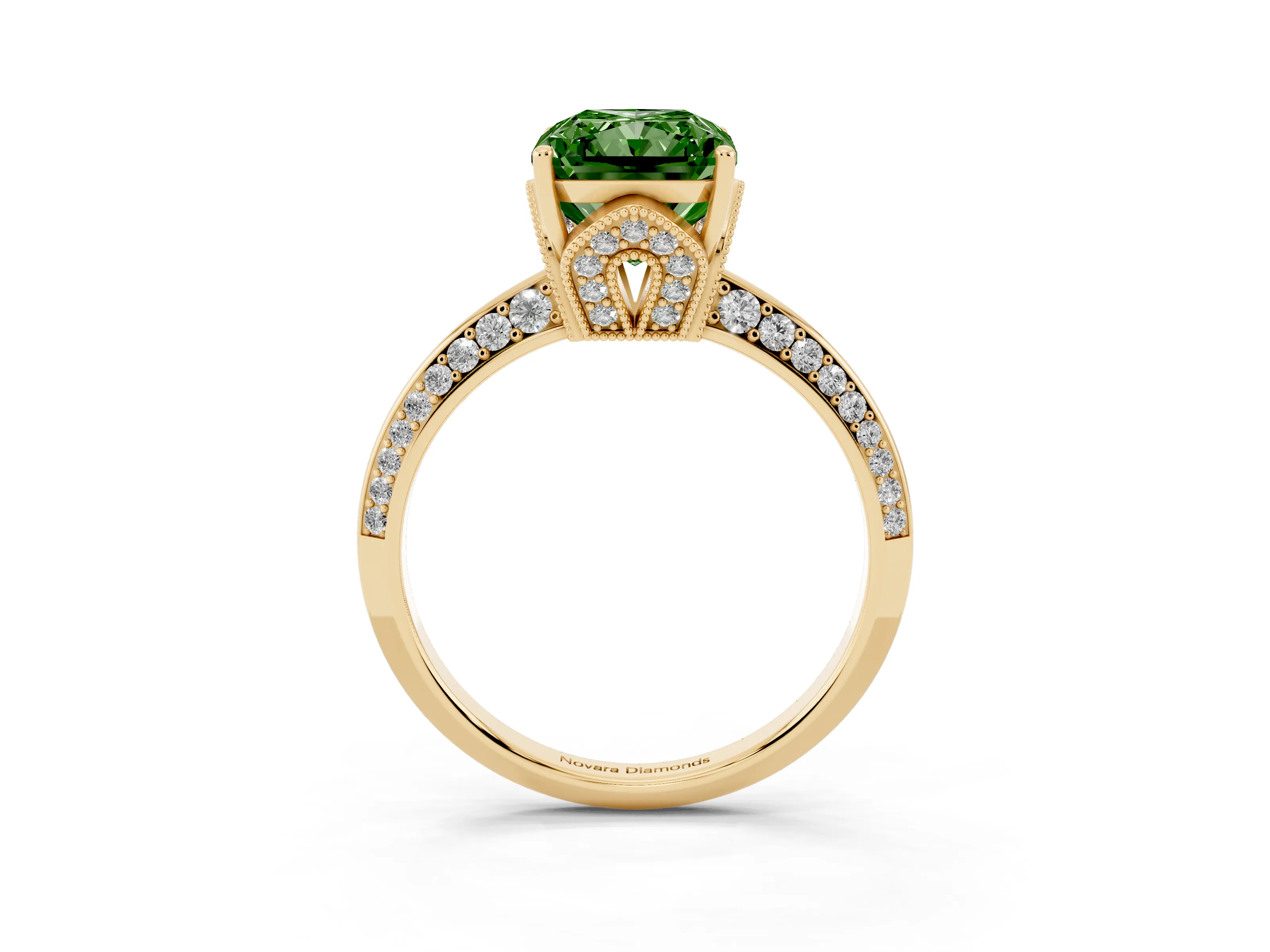 Fancy Green Radiant Cut Diamond Solitaire Engagement Ring Set in Yellow gold with Pavé Split Shank and Prong Setting