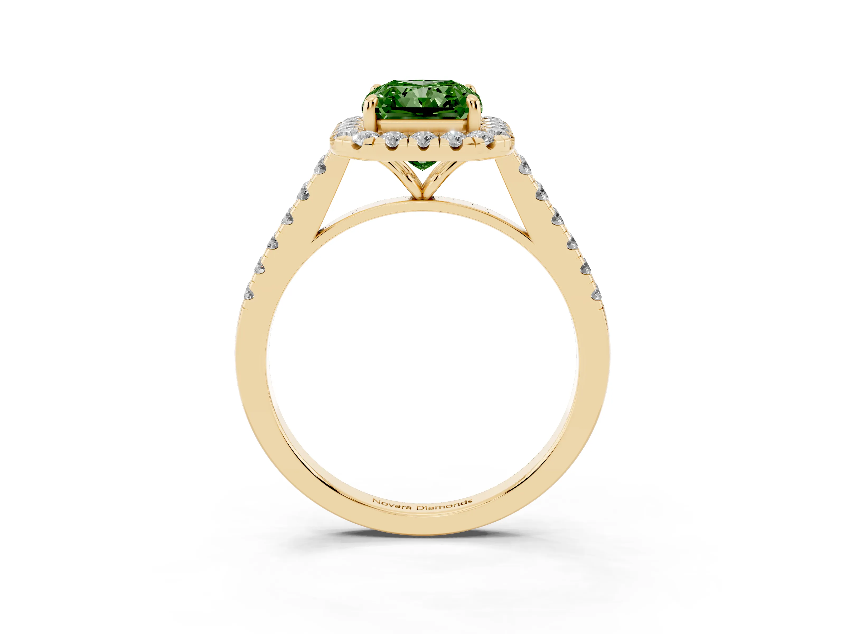 Fancy Green Radiant Cut Diamond Halo Pavé Engagement Ring Set in Yellow gold with Prong Setting