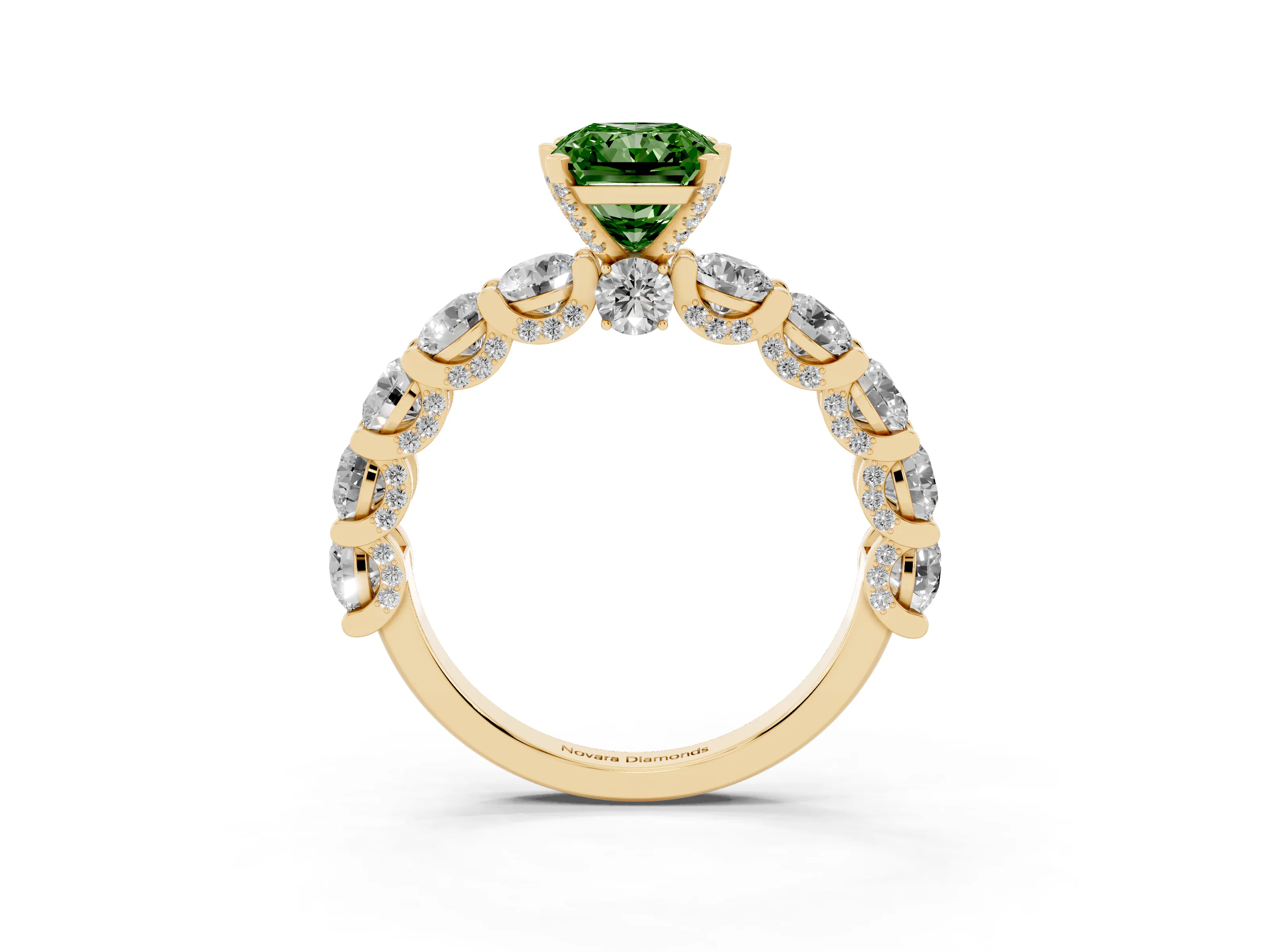 Fancy Green Radiant Cut Diamond Side Stone Ring Set in Yellow gold with Alternating Round and Oval Side Stones