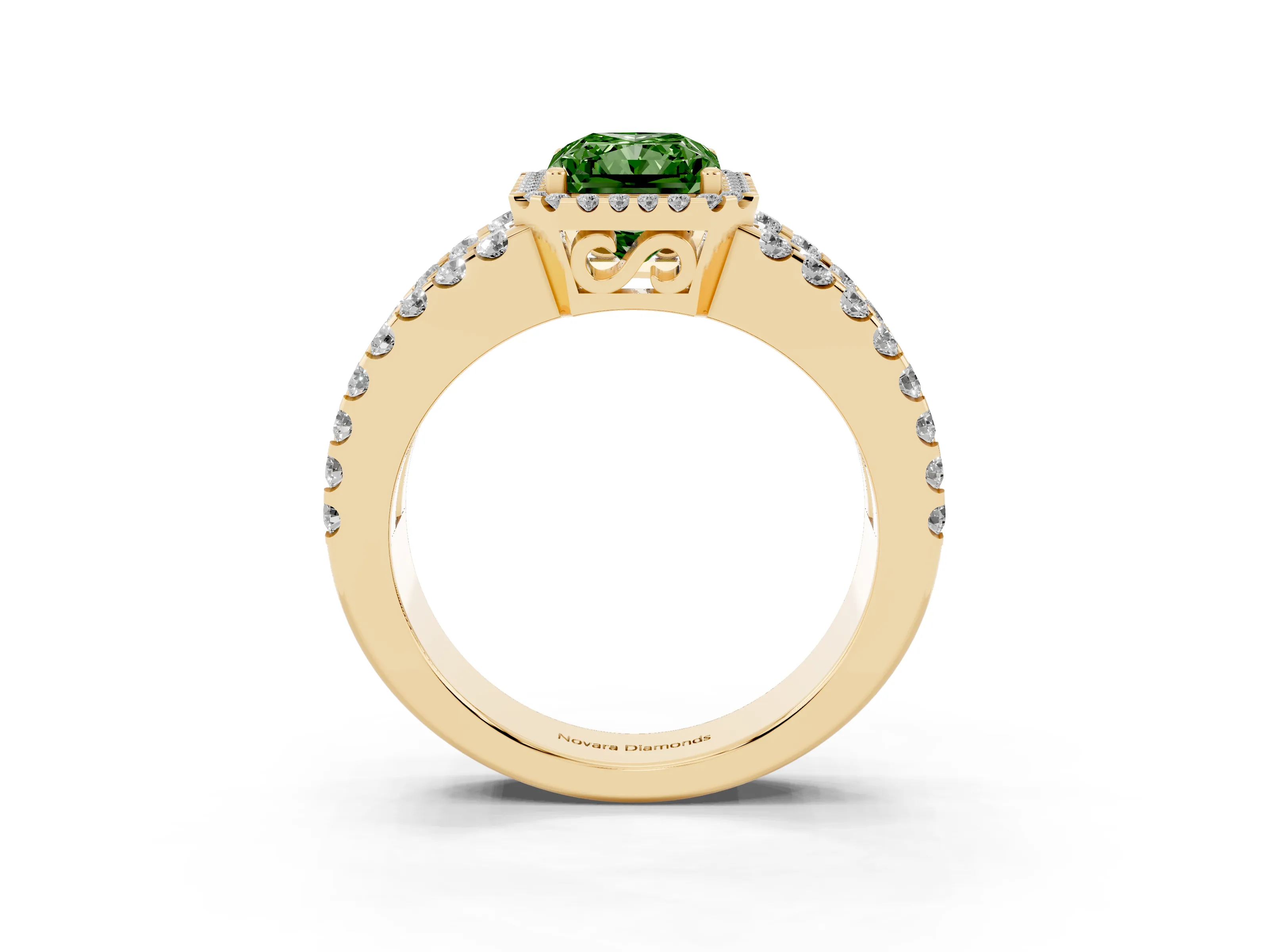 Fancy Green Radiant Cut Diamond Halo Ring Set in Yellow gold with Pavé Split Shank and Prong Setting