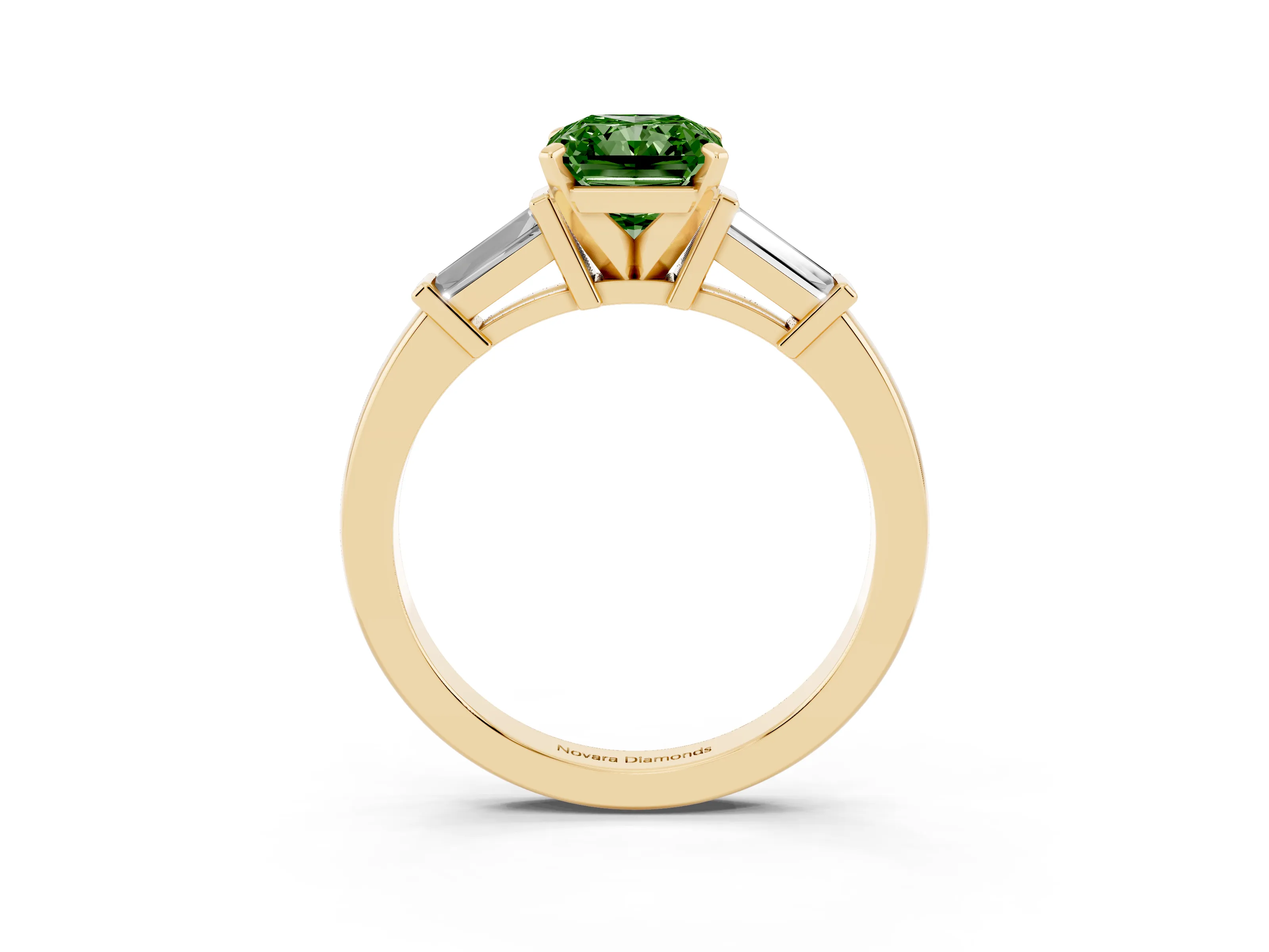 Fancy Green Radiant Cut Diamond Solitaire Ring Set in Yellow gold with Tapered Baguette Accents and Prong Setting