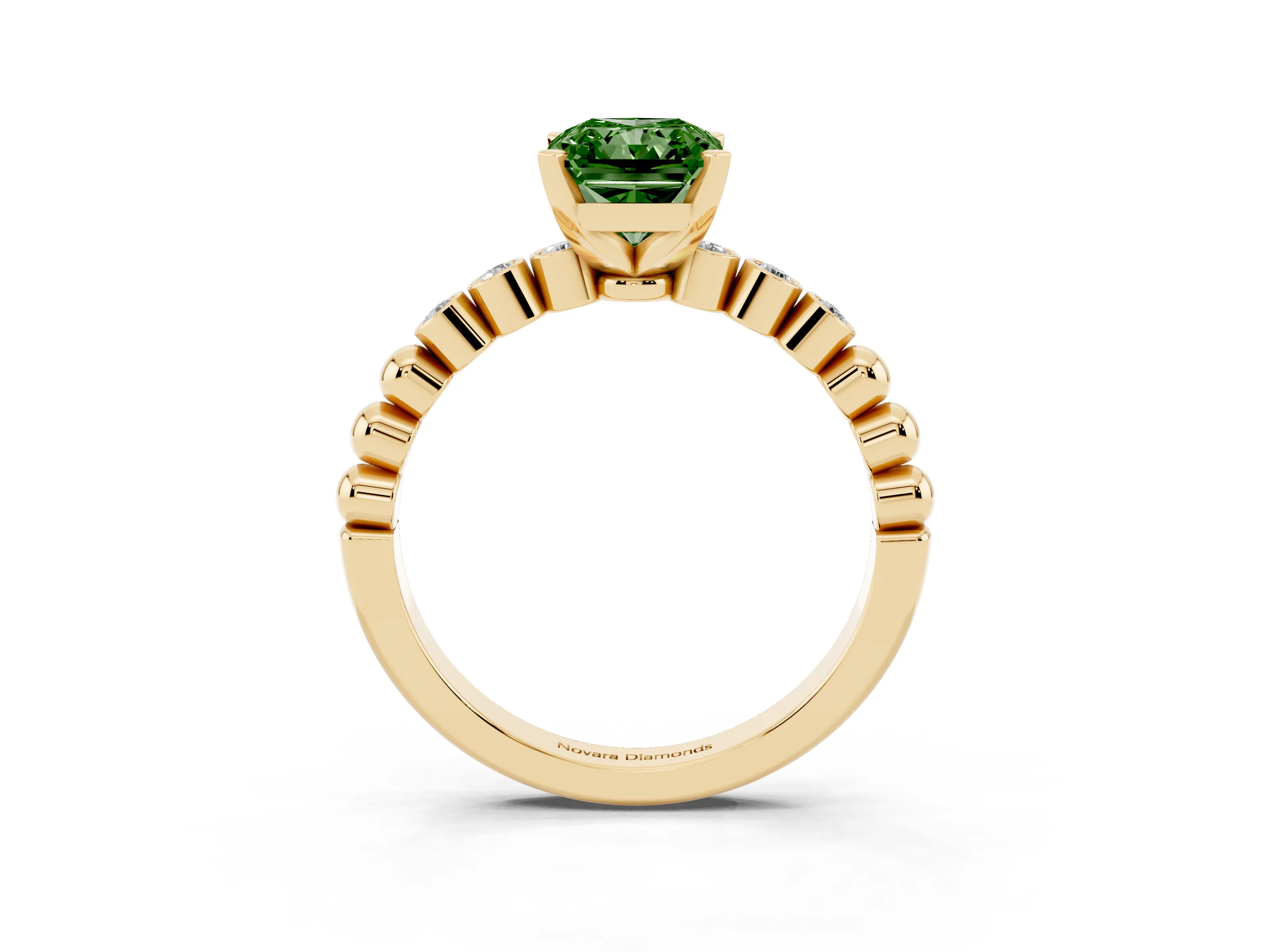 Fancy Green Radiant Cut Diamond Solitaire Engagement Ring Set in Yellow gold with Bezel Accents on Beaded Band