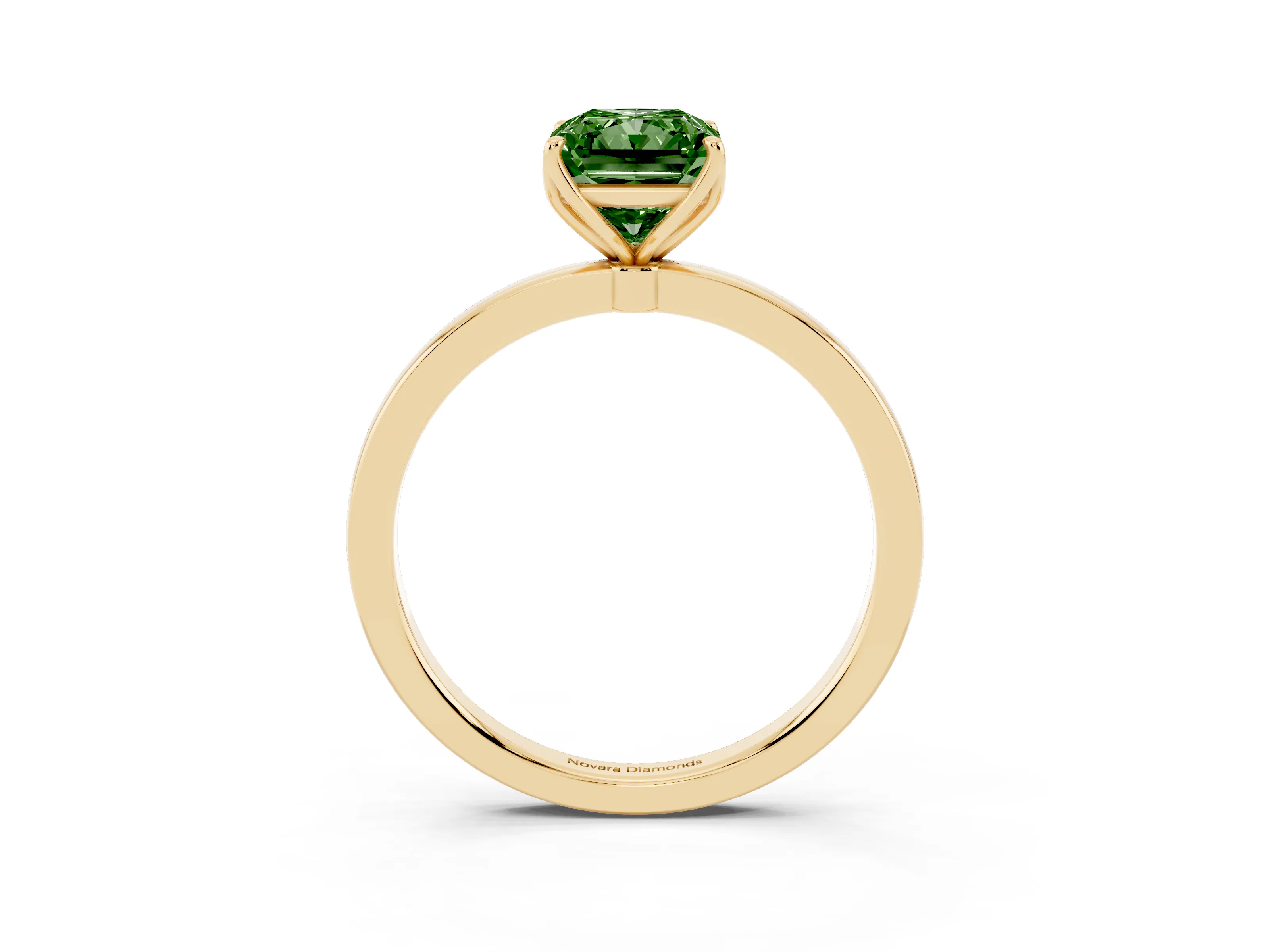 Fancy Green Radiant Cut Diamond Solitaire Ring Set in Yellow gold with Prong Setting and Thin Polished Band