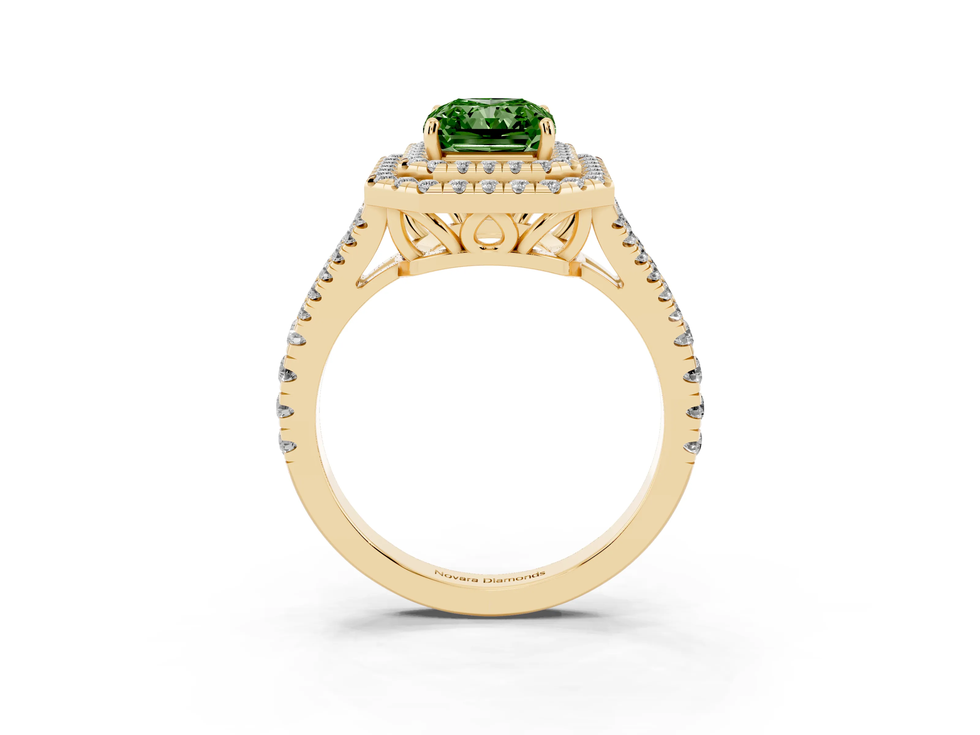 Fancy Green Radiant Cut Diamond Double Halo Ring Set in Yellow gold with Pavé Band