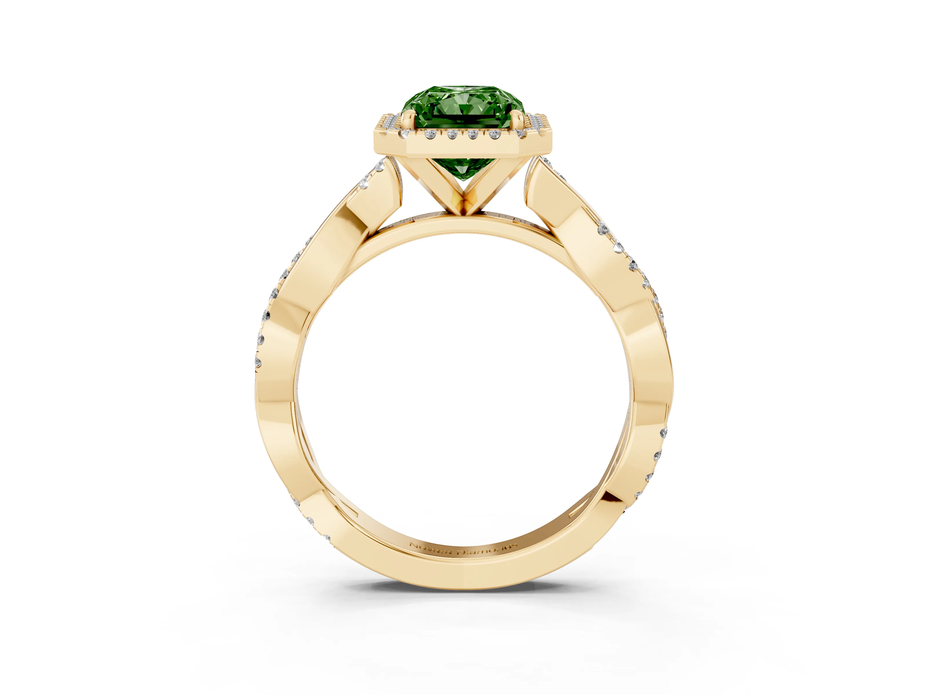 Fancy Green Radiant Cut Diamond Halo Twisted Band Ring Set in Yellow gold with Prong Setting