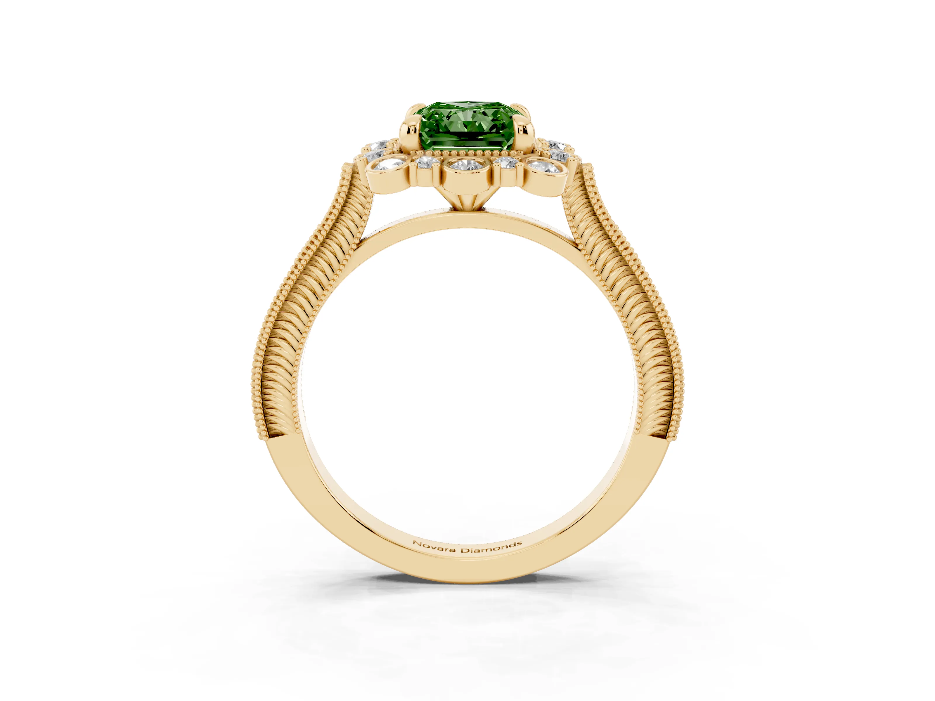 Fancy Green Radiant Cut Diamond Halo Milgrain Pavé Ring Set in Yellow gold with Prong Setting