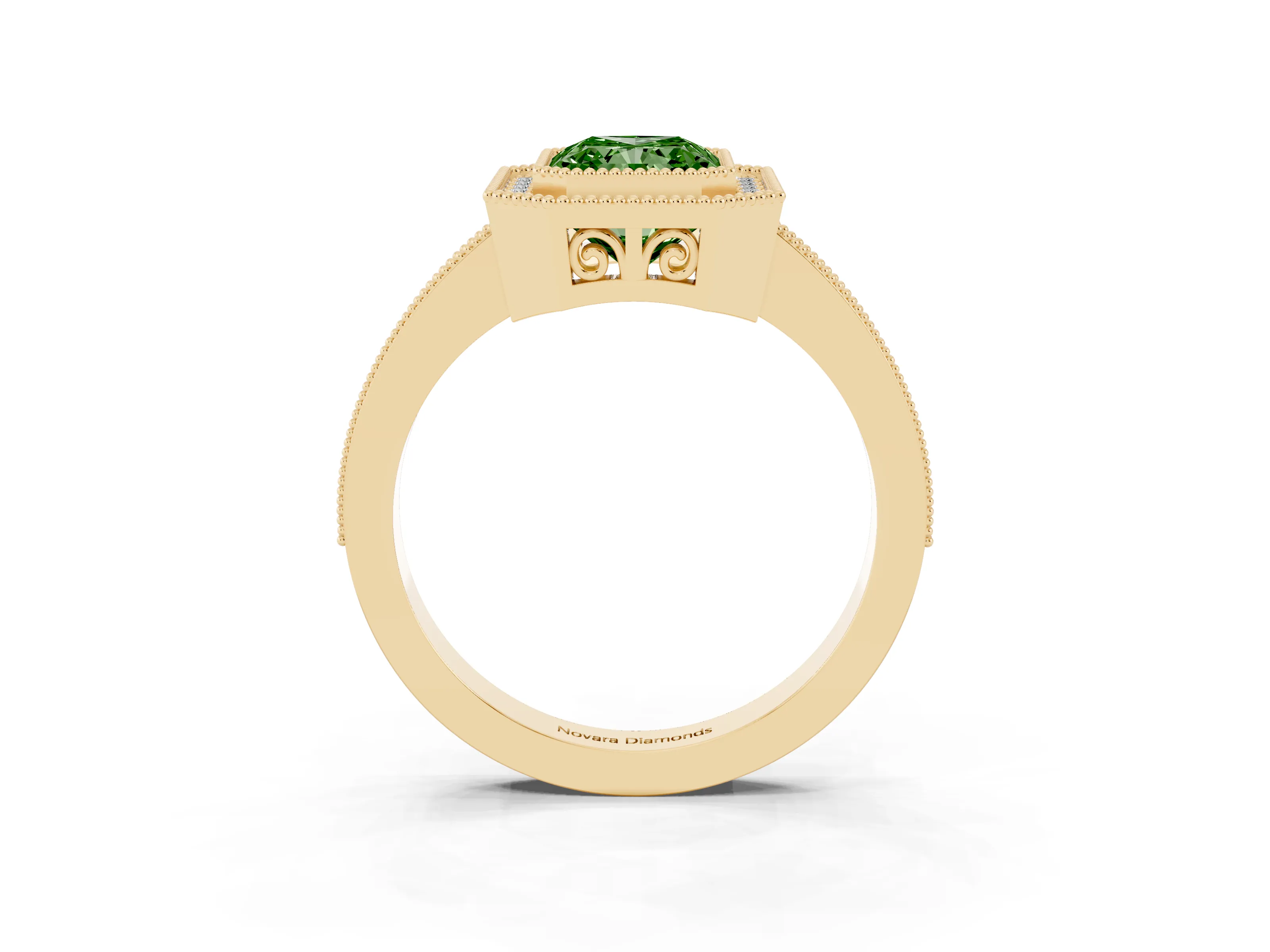 Fancy Green Radiant Cut Diamond Round Halo Ring Set in Yellow gold with Pavé Band