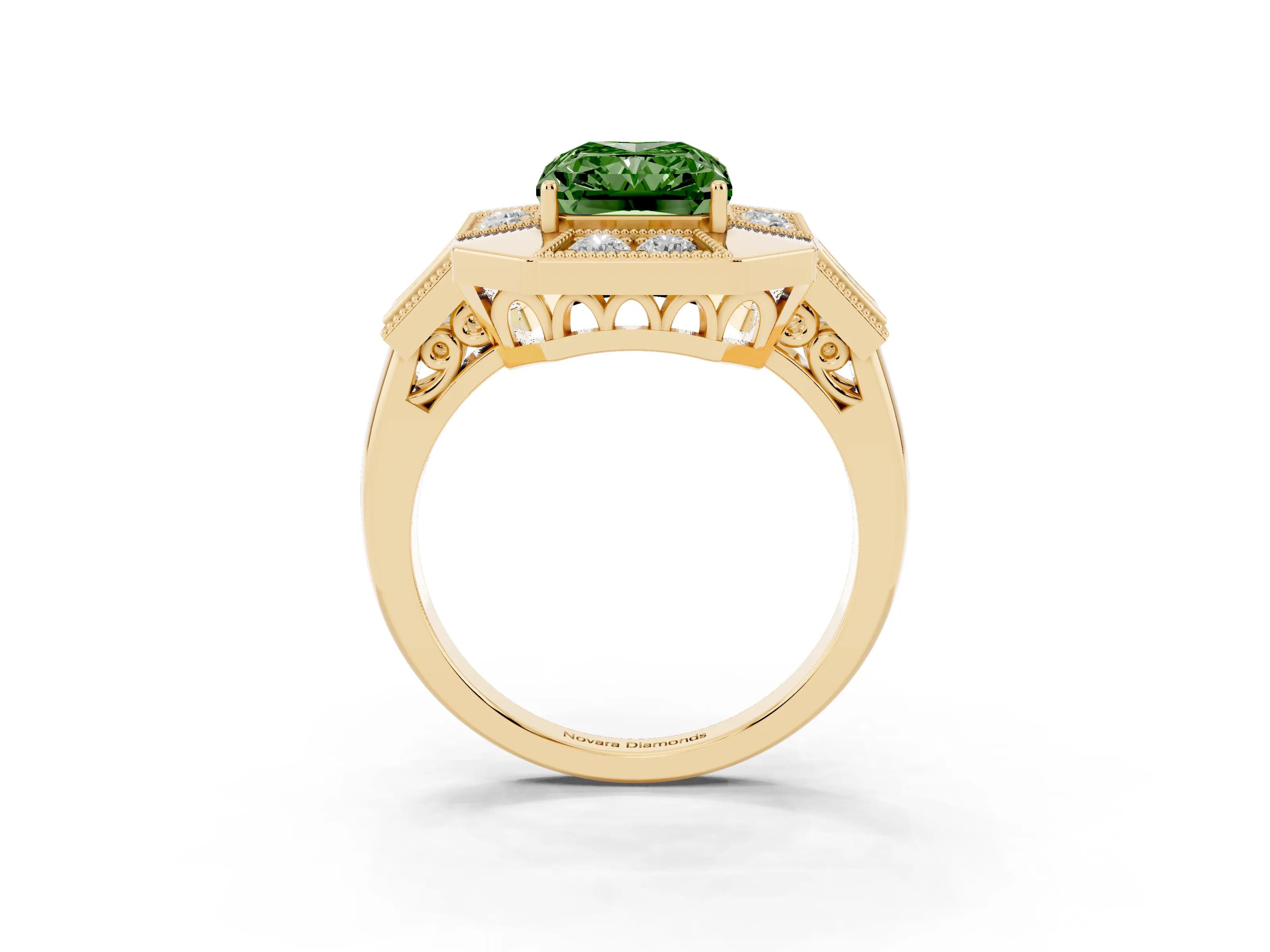 Fancy Green Radiant Cut Diamond Milgrain Halo Ring Set in Yellow gold with Split Shank