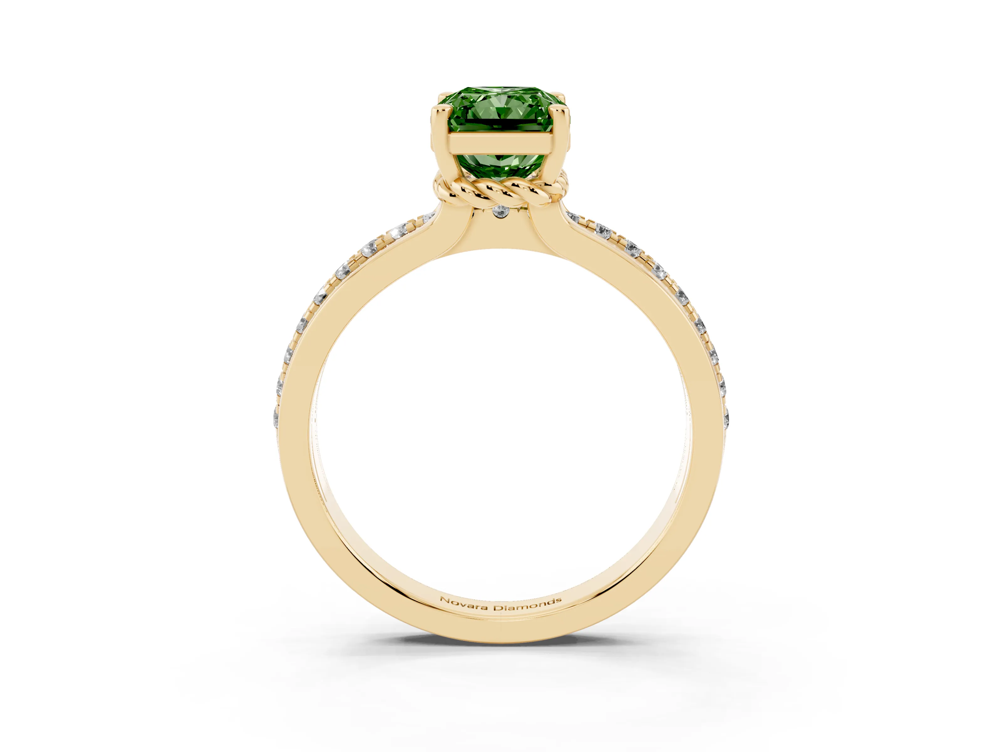 Fancy Green Radiant Cut Diamond Solitaire Ring Set in Yellow gold with Channel Set Band and Prong Setting
