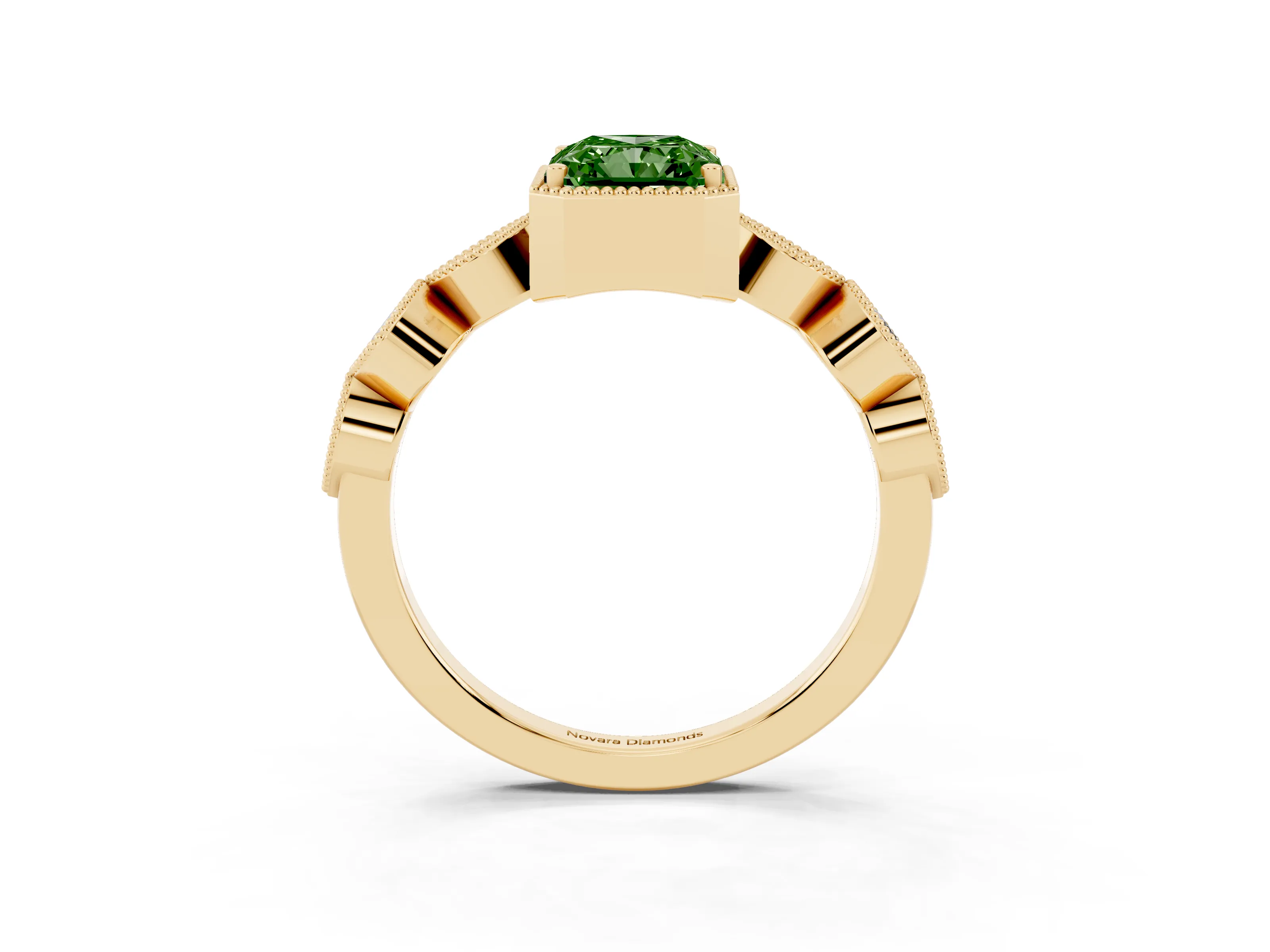 Fancy Green Radiant Cut Diamond Vintage-Inspired Milgrain Ring Set in Yellow gold with Marquise Stations of Round Accents