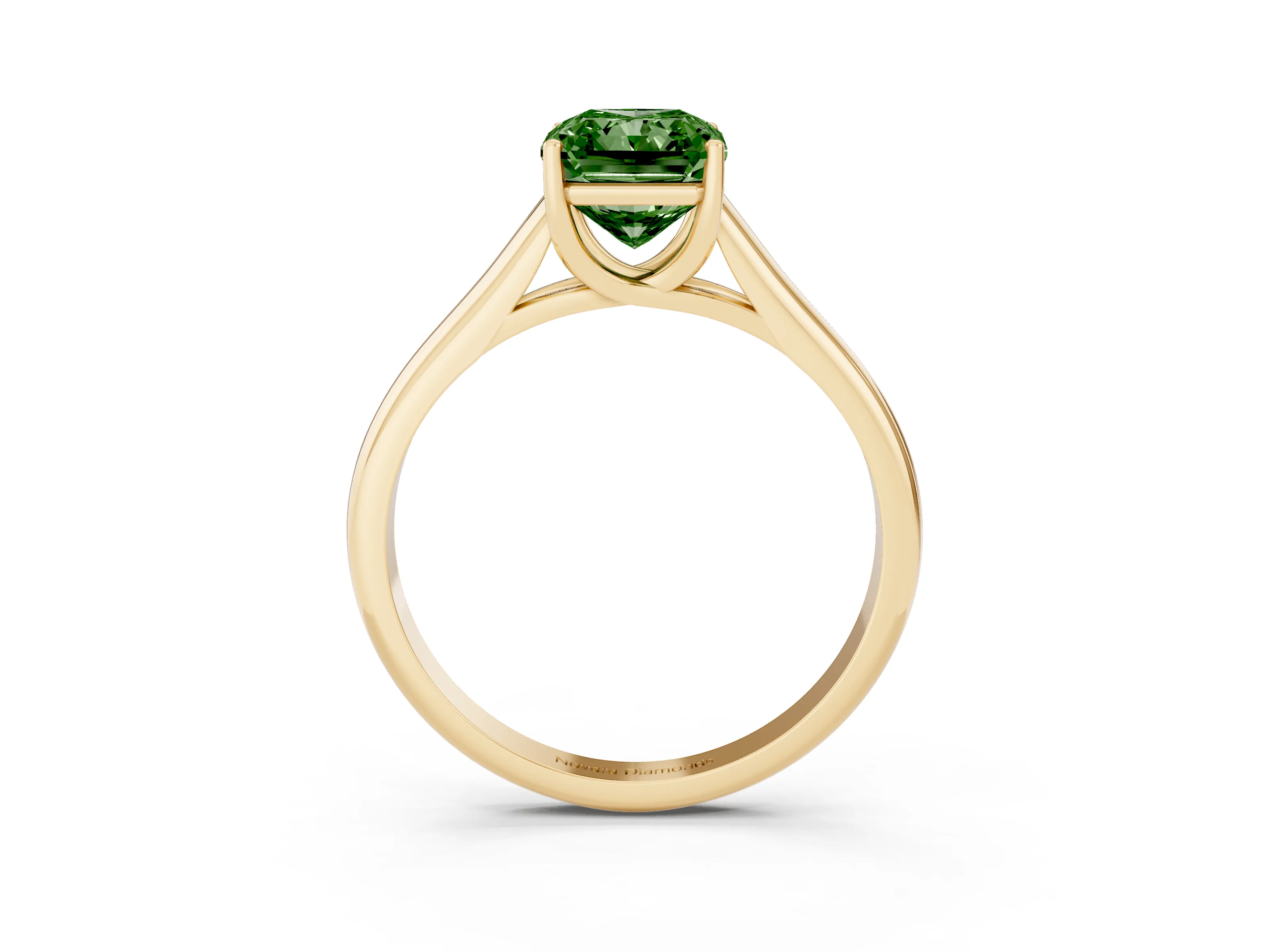 Fancy Green Radiant Cut Diamond Solitaire Engagement Ring Set in Yellow gold with Subtly Tapered Band and Prong Setting
