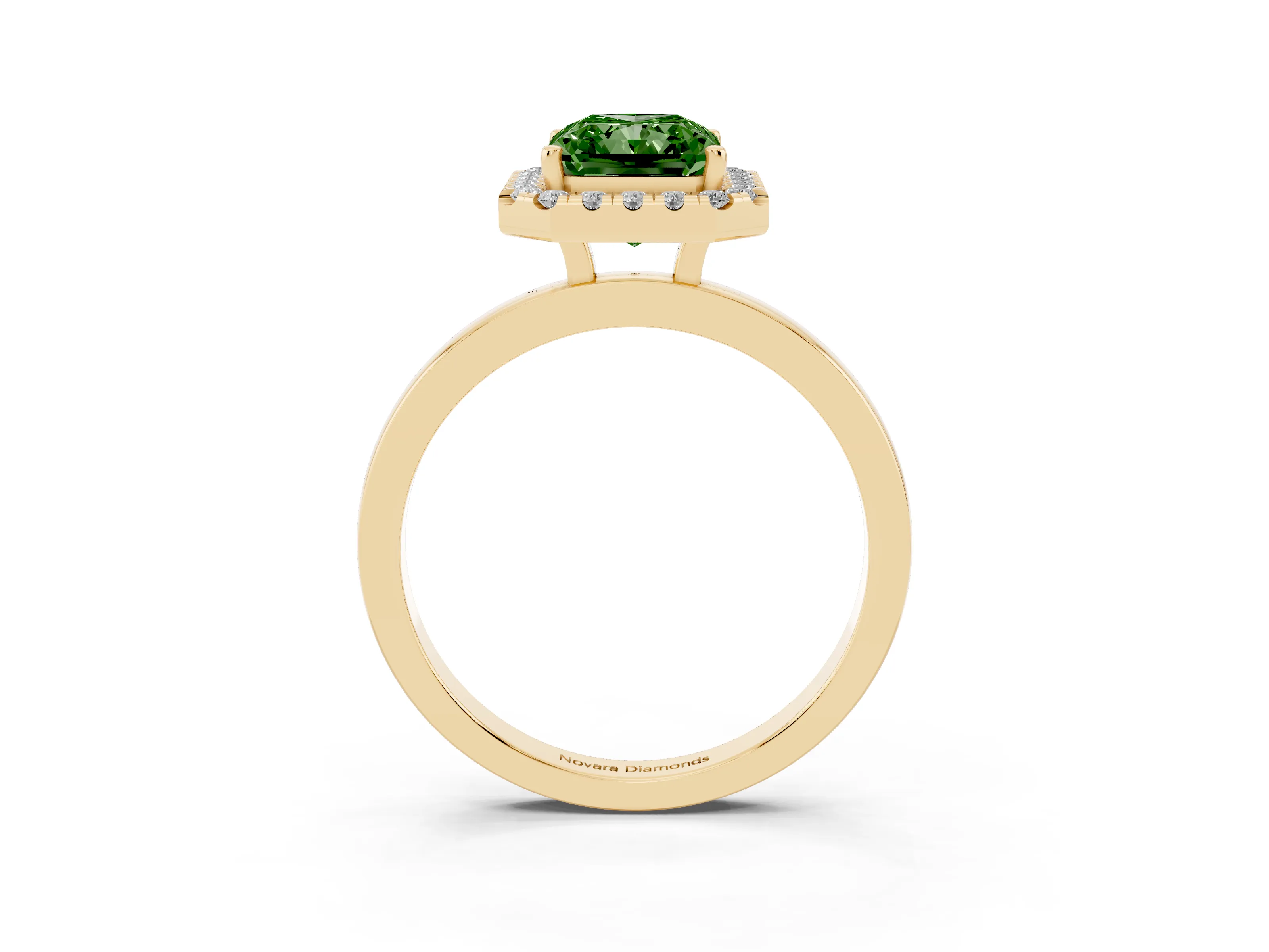 Fancy Green Radiant Cut Diamond Halo Solitaire Ring Set in Yellow gold with Pavé Band and Prong Setting