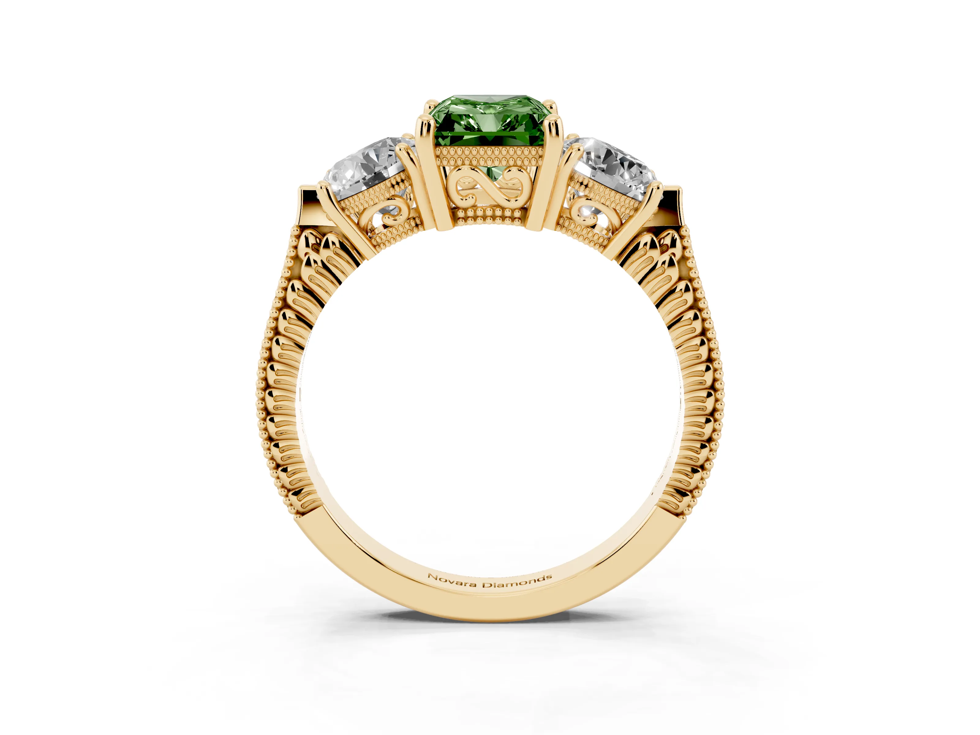 Fancy Green Radiant Cut Diamond Three-Stone Ring Set in Yellow gold with Milgrain Band