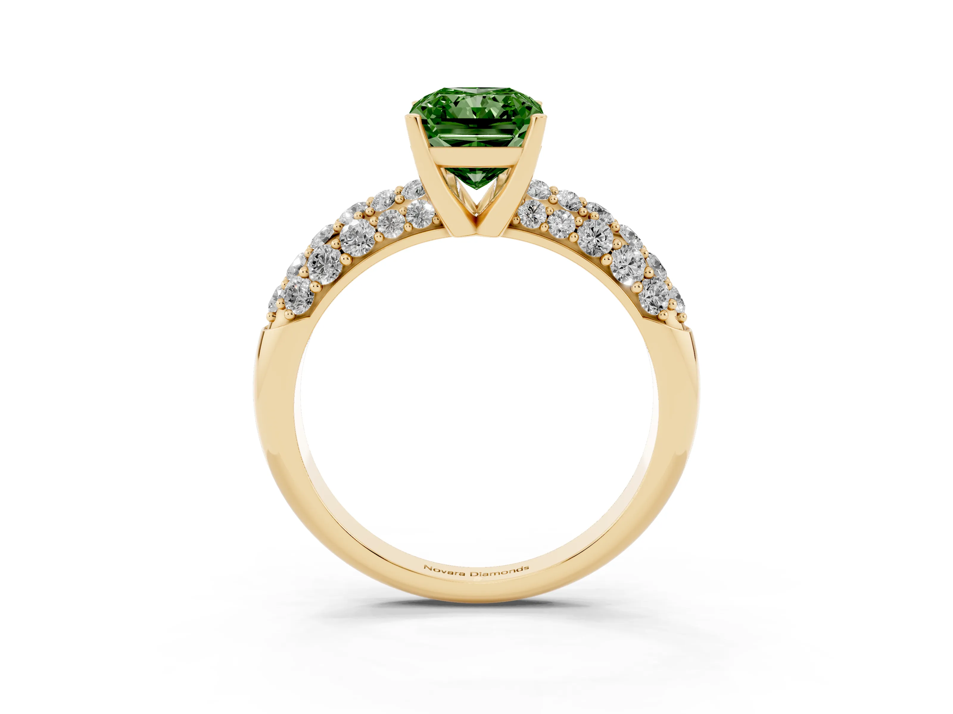 Fancy Green Radiant Cut Diamond Pavé Band Solitaire Ring Set in Yellow gold with Close-Set Accent Stones and Prong Setting