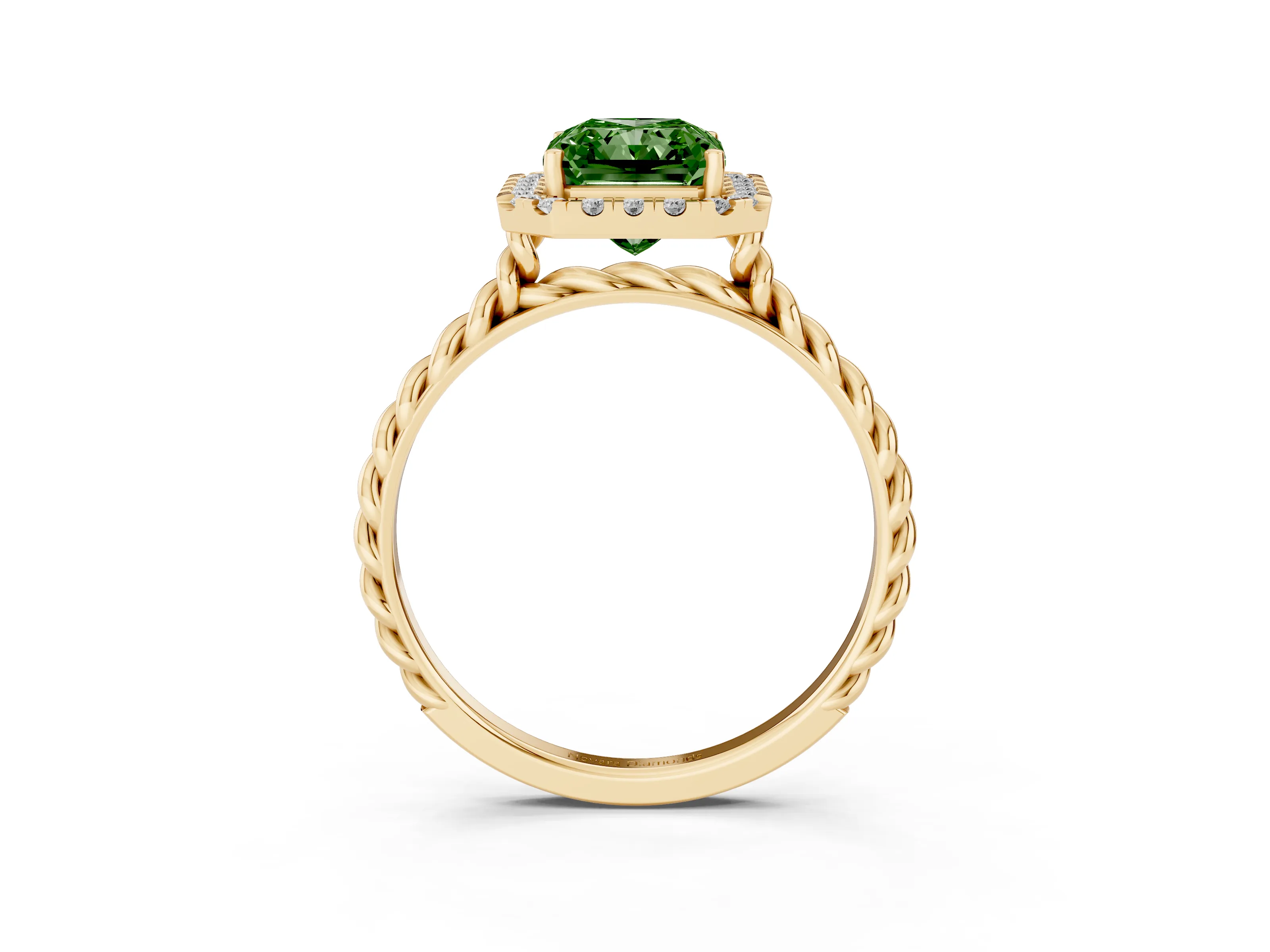 Fancy Green Radiant Cut Diamond Halo Ring Set in Yellow gold with Plain Twisted Band
