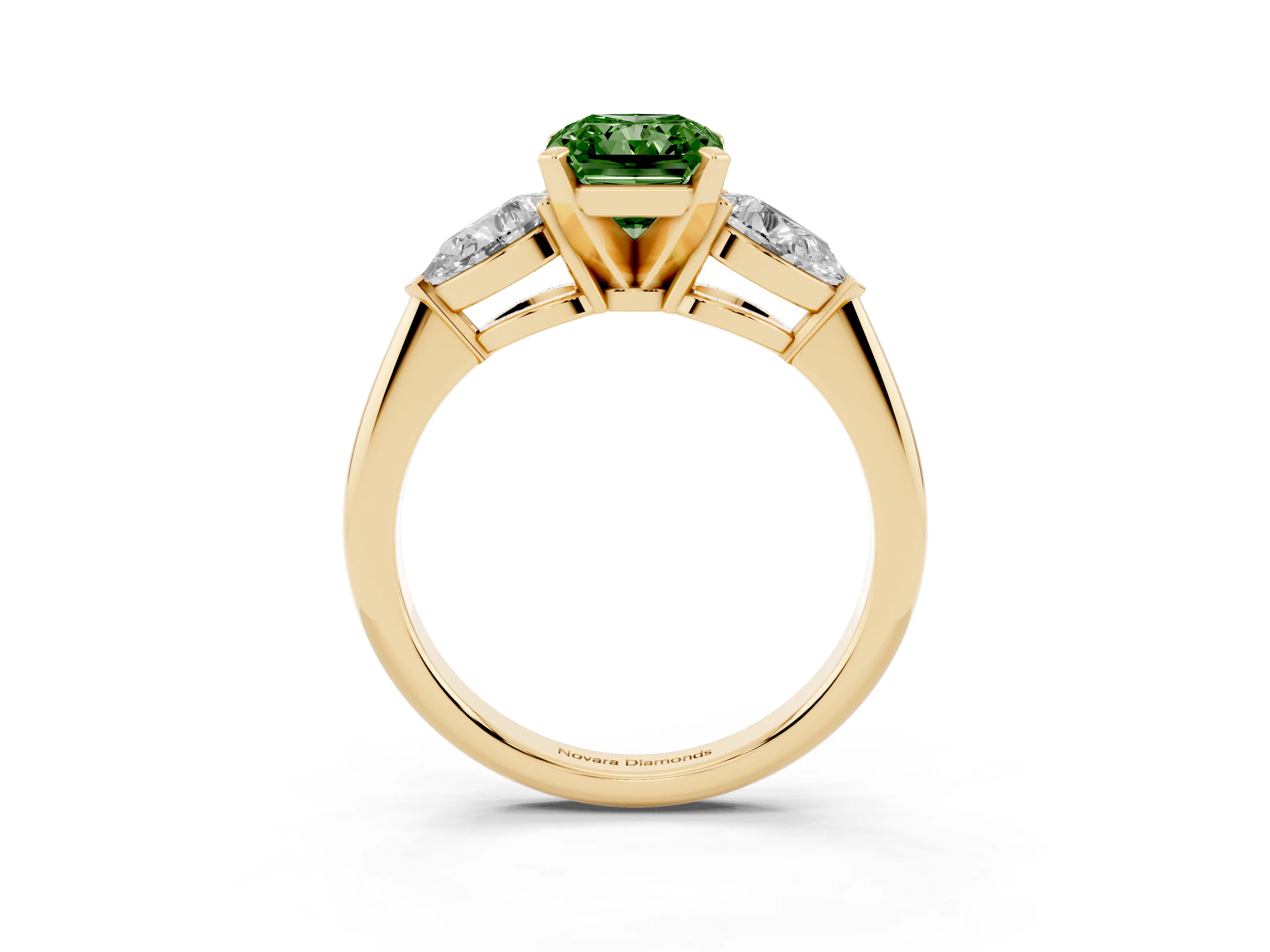 Fancy Green Three-Stone Radiant Cut Diamond Ring Set in Yellow gold with Pear Side Stones and Prong Setting