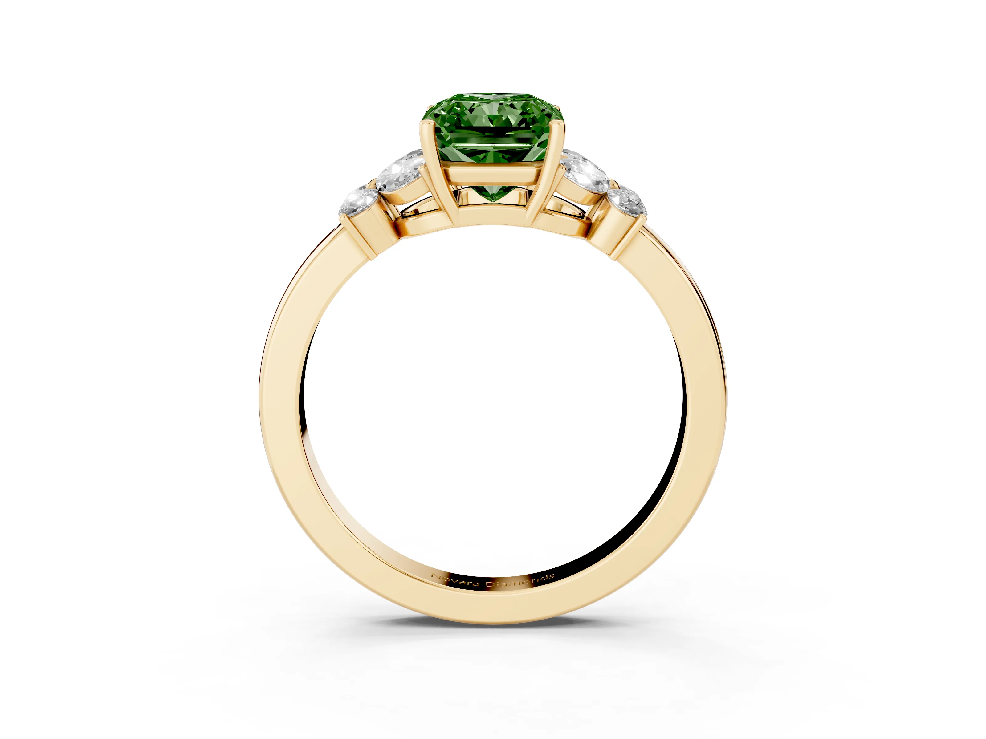 Fancy Green Radiant Cut Diamond Solitaire Floral Ring Set in Yellow gold with Marquise Petals and Prong Setting