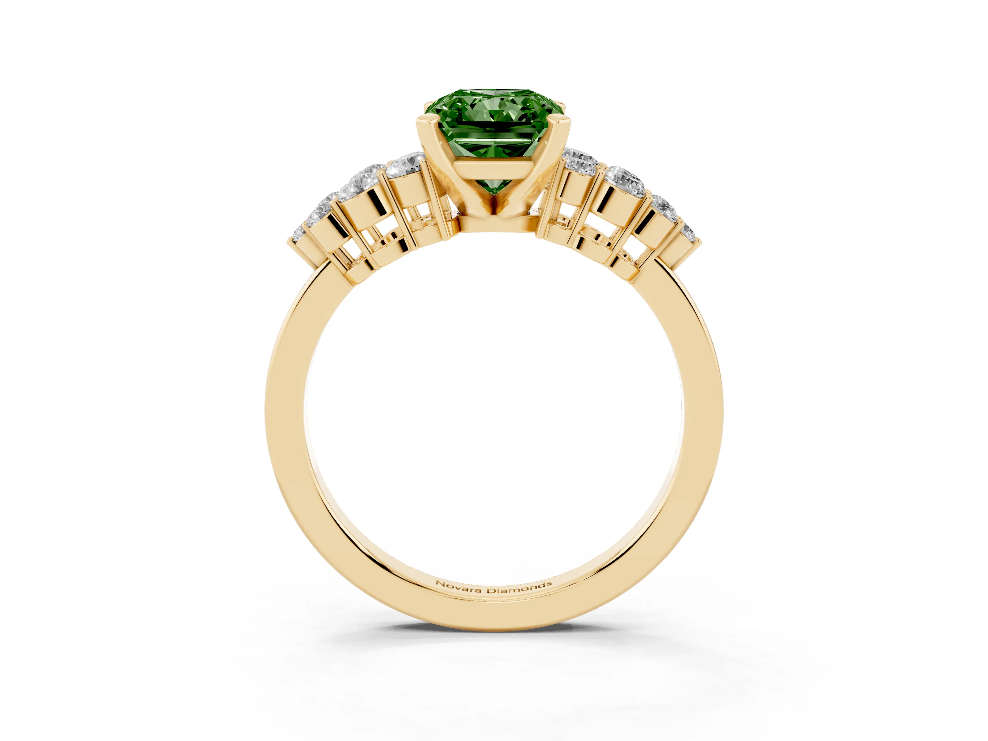 Fancy Green Radiant Cut Diamond Cluster Engagement Ring Set in Yellow gold with Pavé Band and Prong Setting