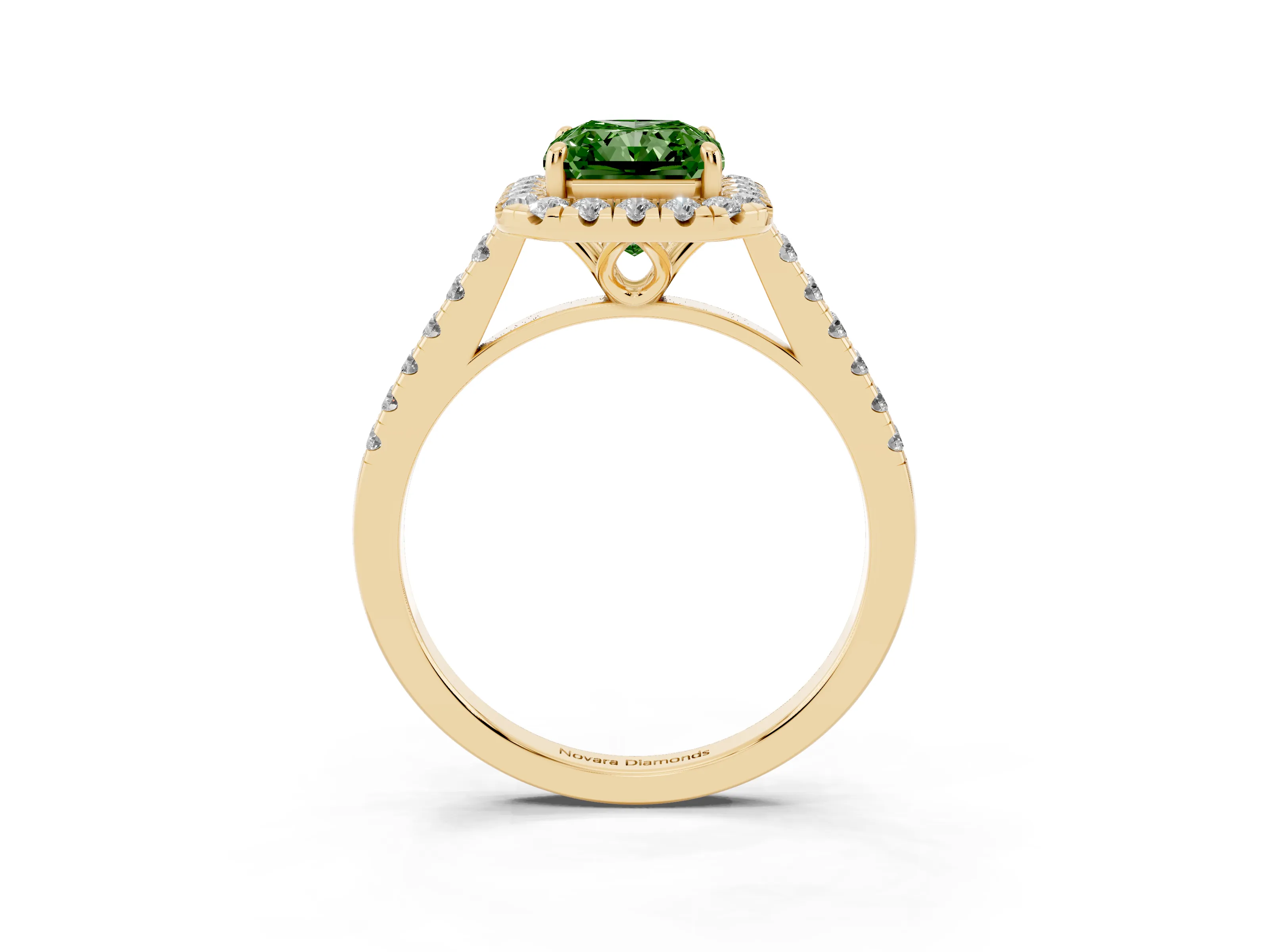 Fancy Green Radiant Cut Diamond Pavé Halo Engagement Ring Set in Yellow gold with Pavé Band and Prong Setting