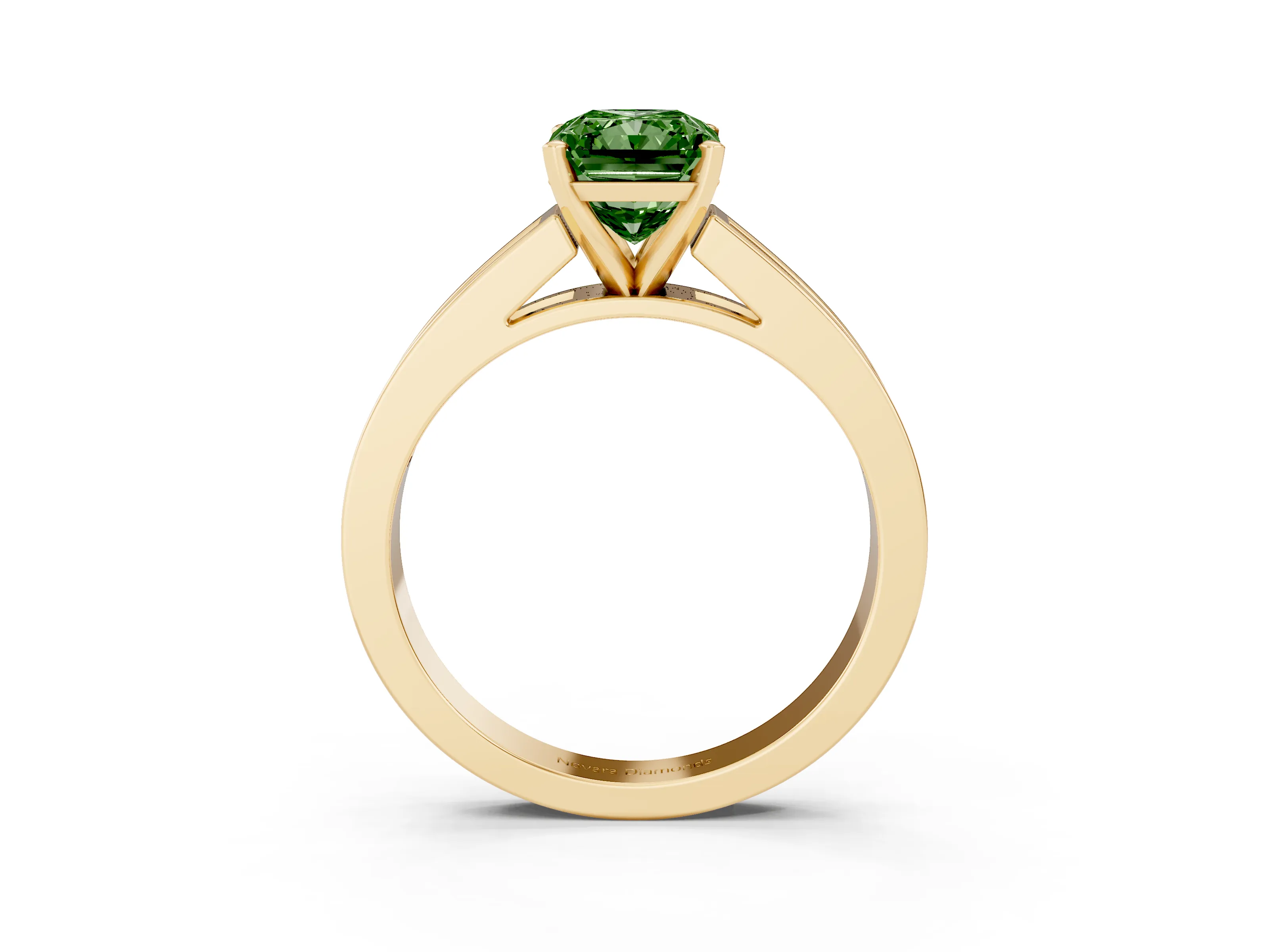 Fancy Green Radiant Cut Diamond Solitaire Ring Set in Yellow gold with Channel-Set Band and Prong Setting