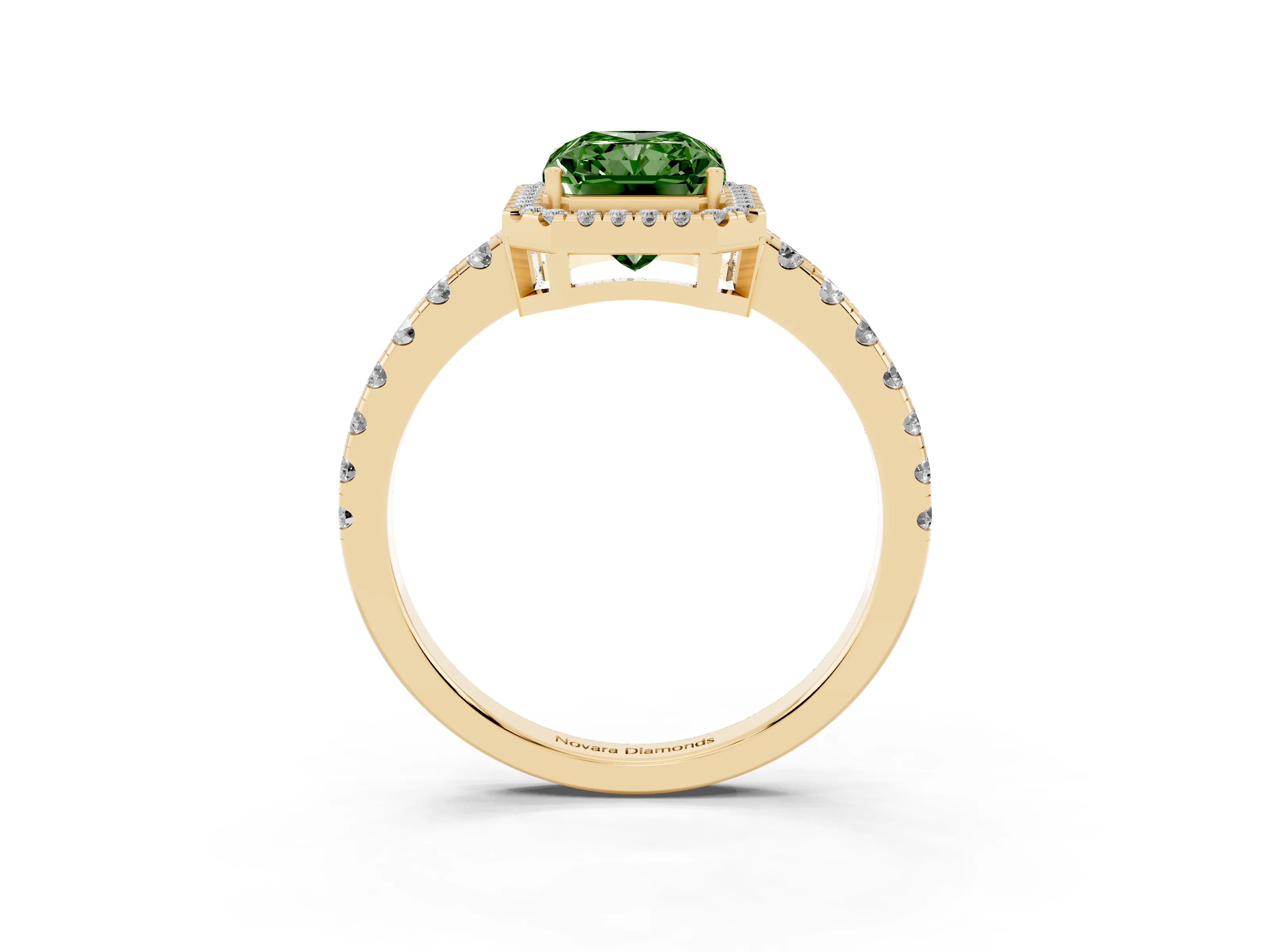 Fancy Green Radiant Cut Diamond Halo Ring Set in Yellow gold with Delicate Pavé Band and Prong Setting