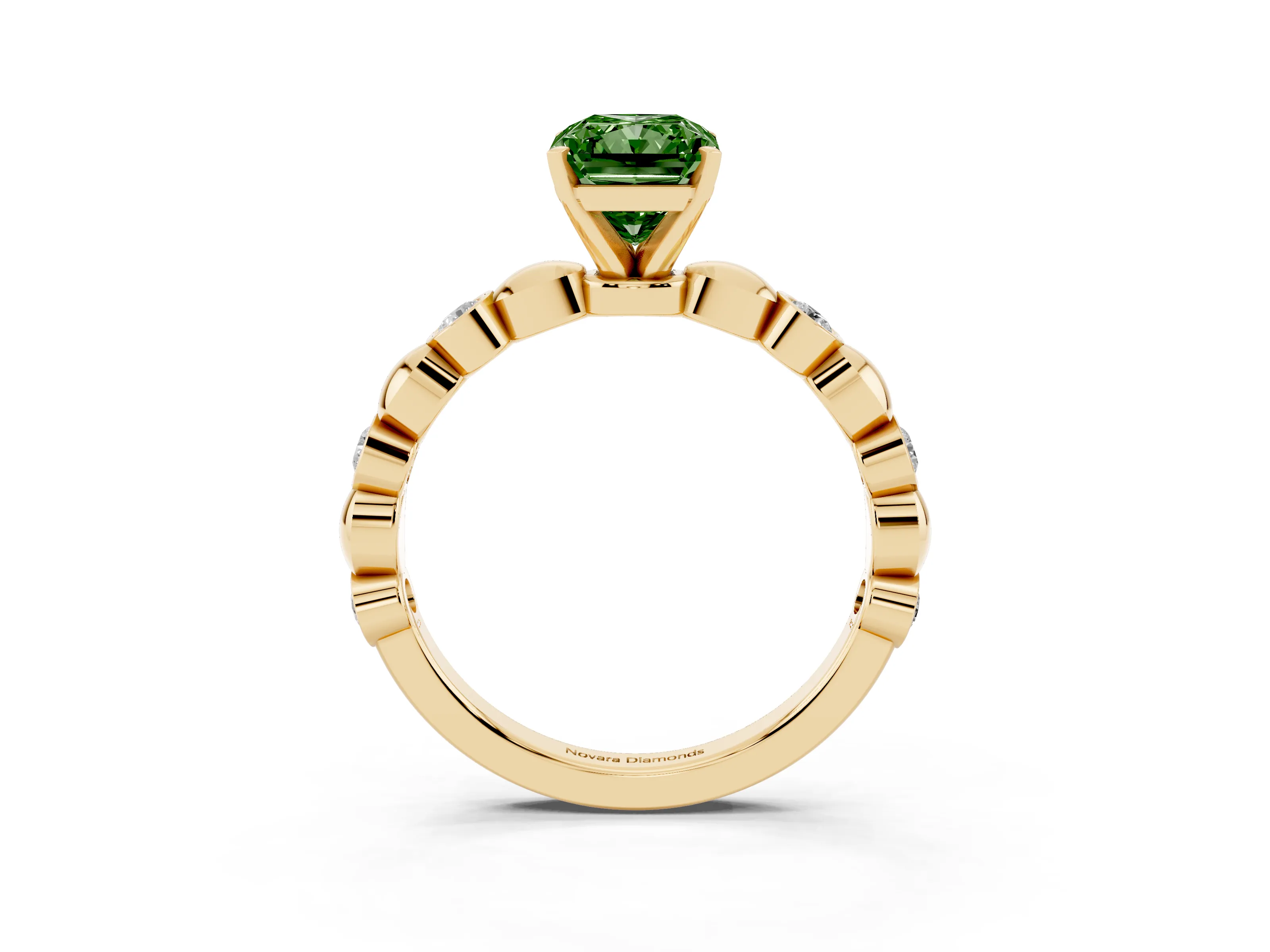 Fancy Green Radiant Cut Diamond Solitaire Ring Set in Yellow gold with Bezel-Set Accents on Beaded Band and Prong Setting