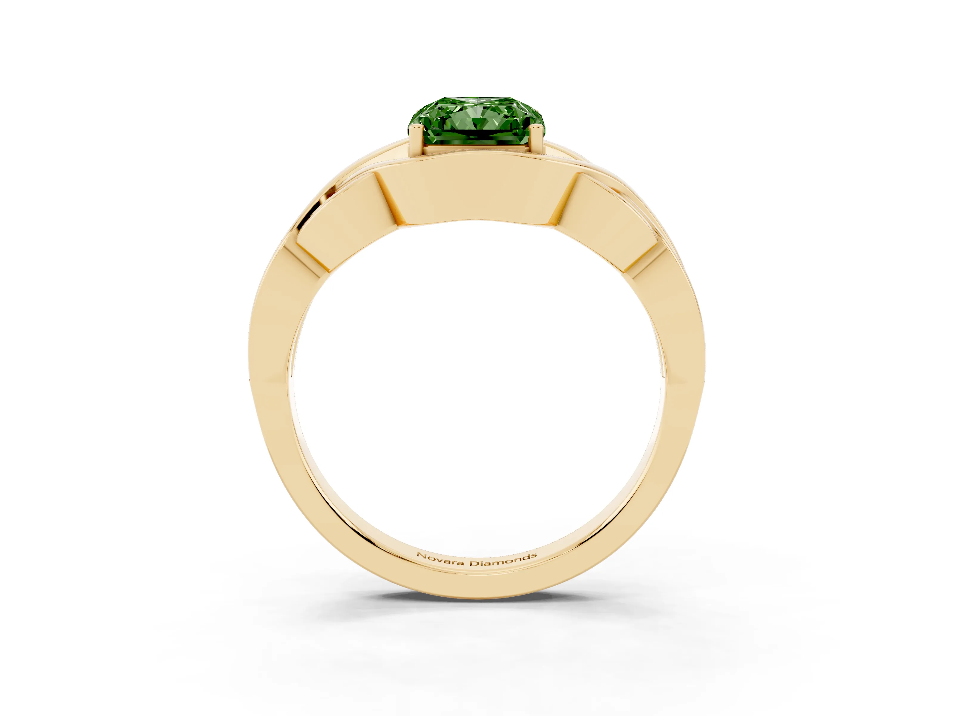 Fancy Green Radiant Cut Diamond Solitaire Ring Set in Yellow gold with Intertwined Band