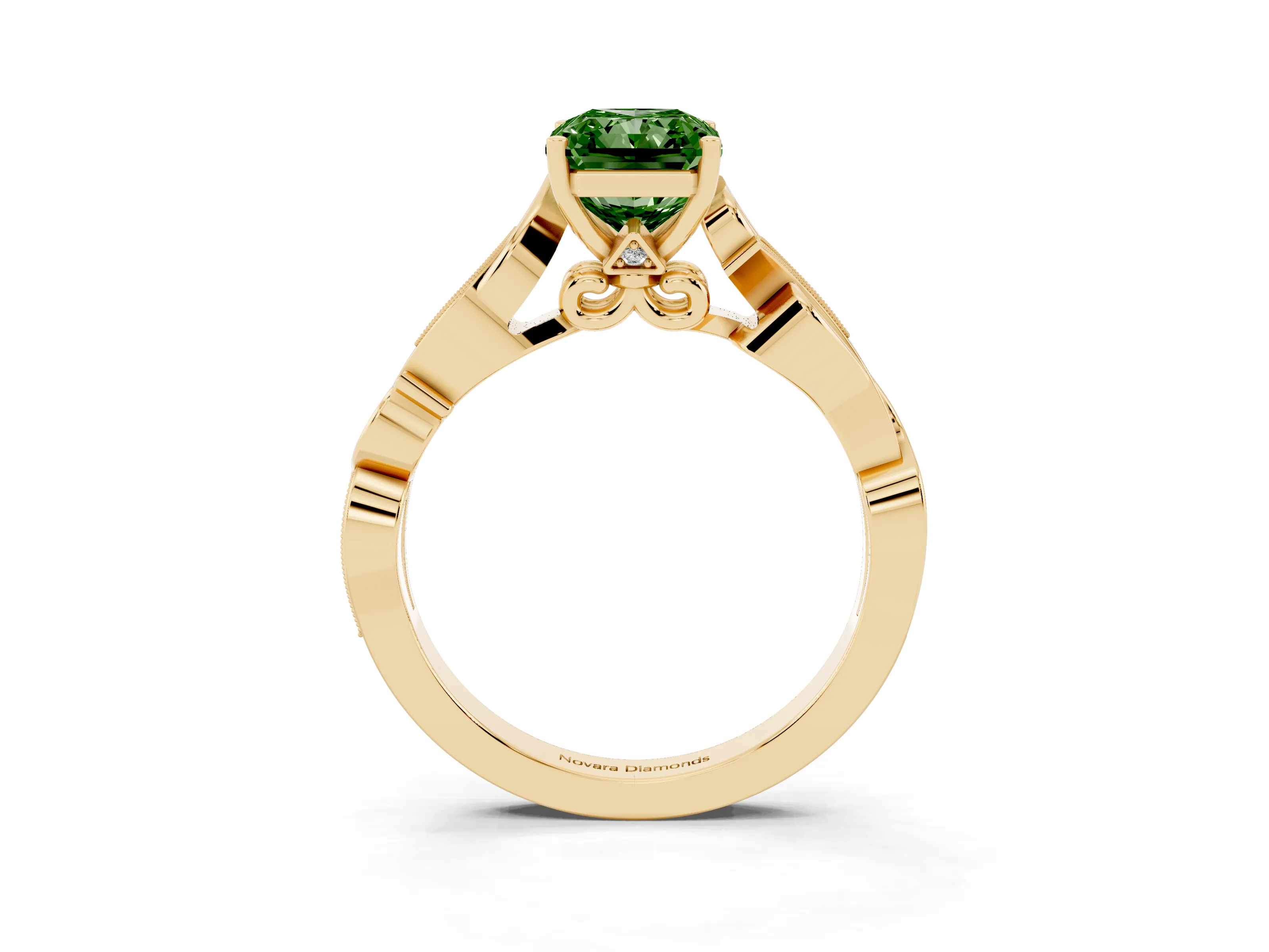Fancy Green Radiant Cut Diamond Vine Band Solitaire Ring Set in Yellow gold with Milgrain Prong Setting