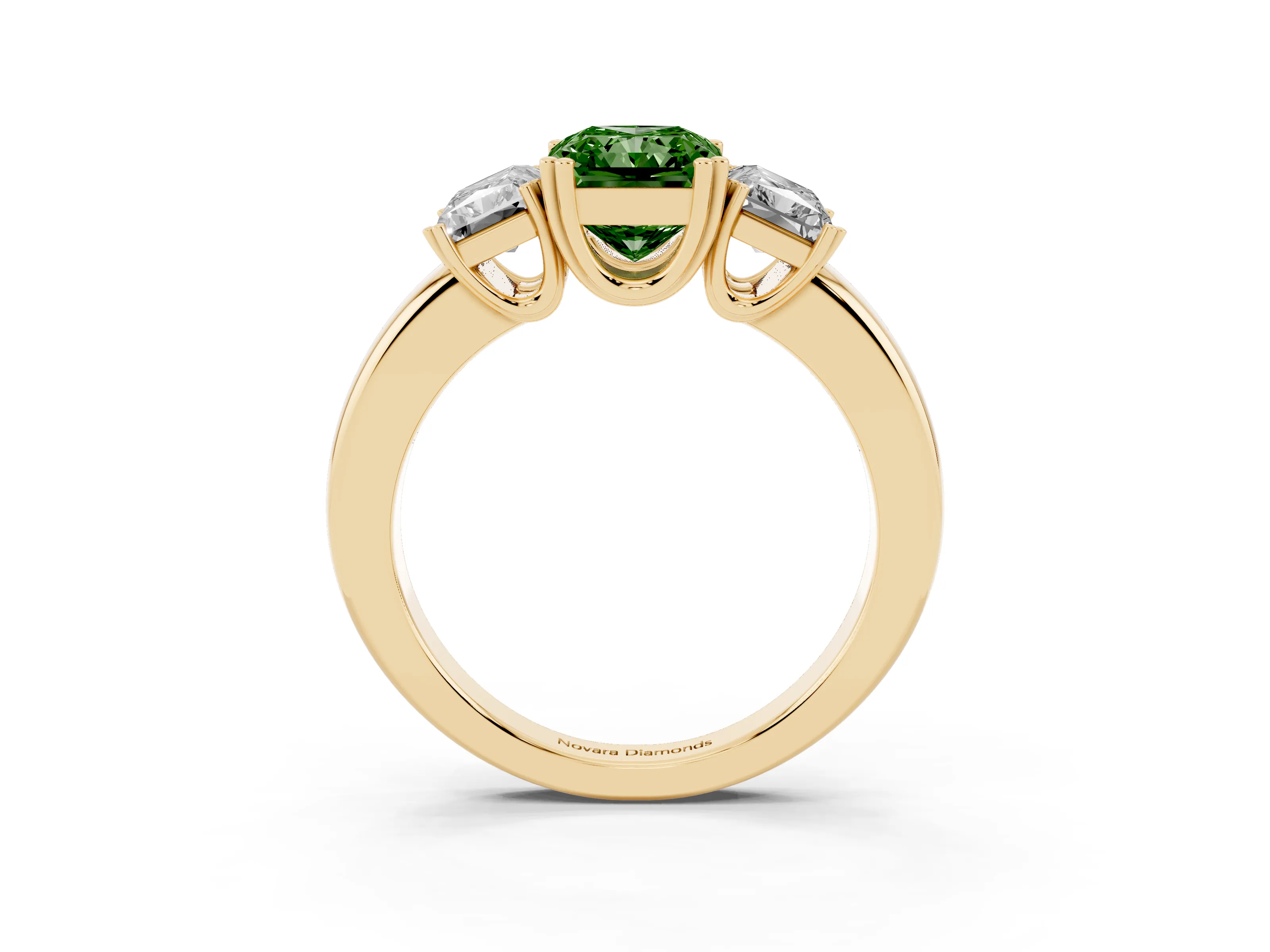 Fancy Green Radiant Cut Diamond Three-Stone Ring Set in Yellow gold with Polished Channel-Set Band