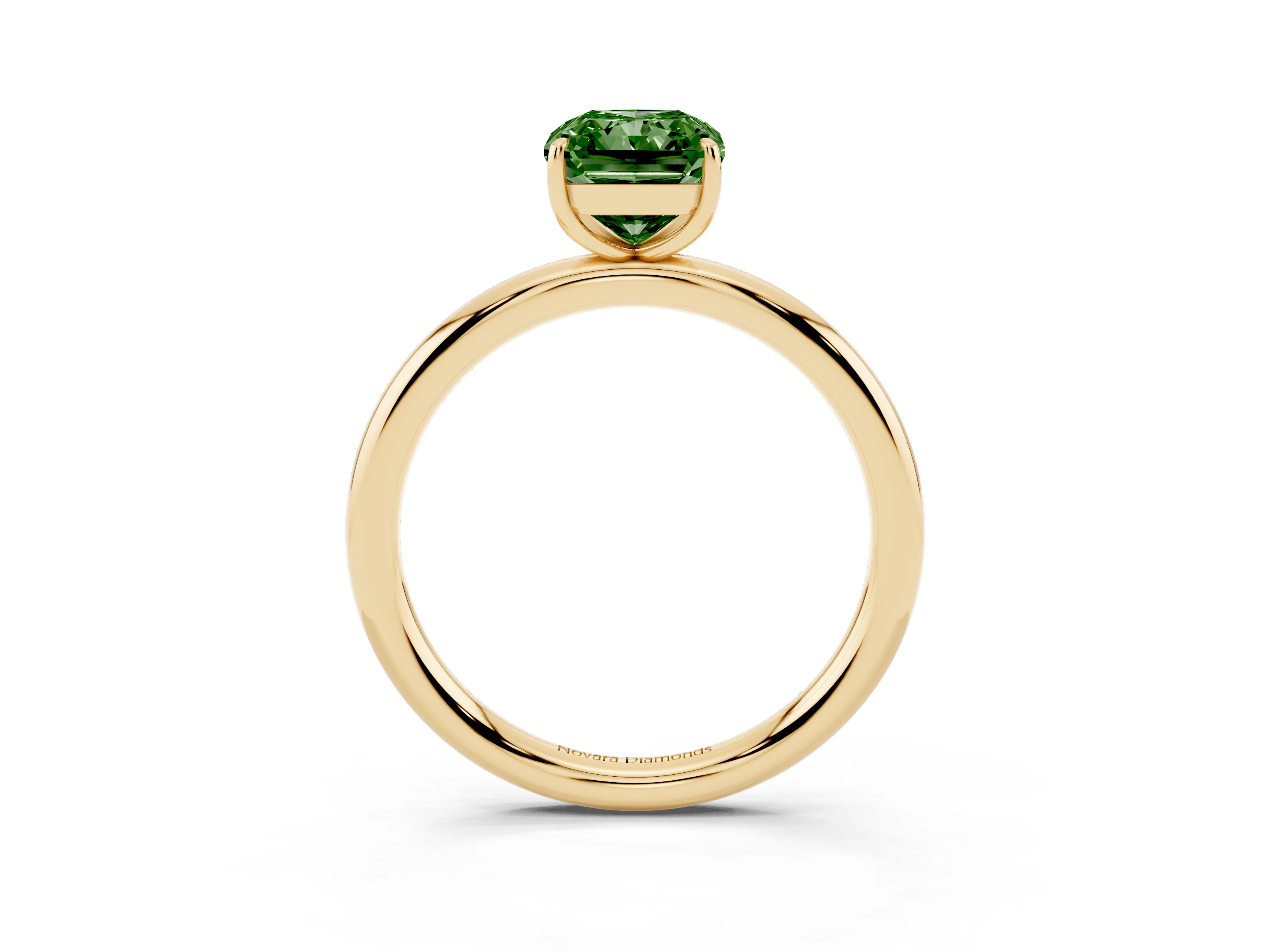 Fancy Green Radiant Cut Diamond Solitaire Ring Set in Yellow gold with Prong Setting on a Polished Plain Band
