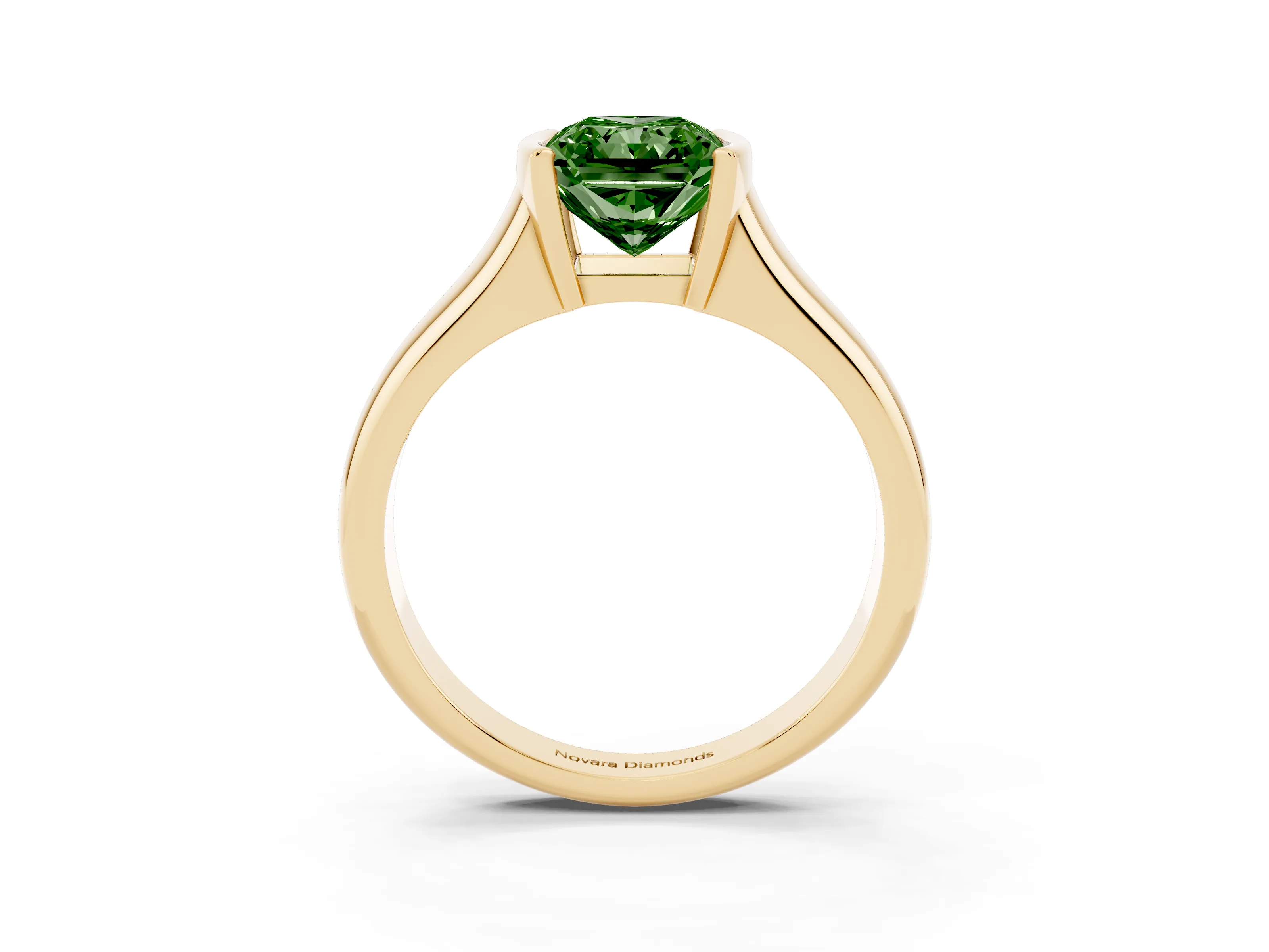 Fancy Green Radiant Cut Diamond Solitaire Tension Set Ring Set in Yellow gold with Split Shank Band