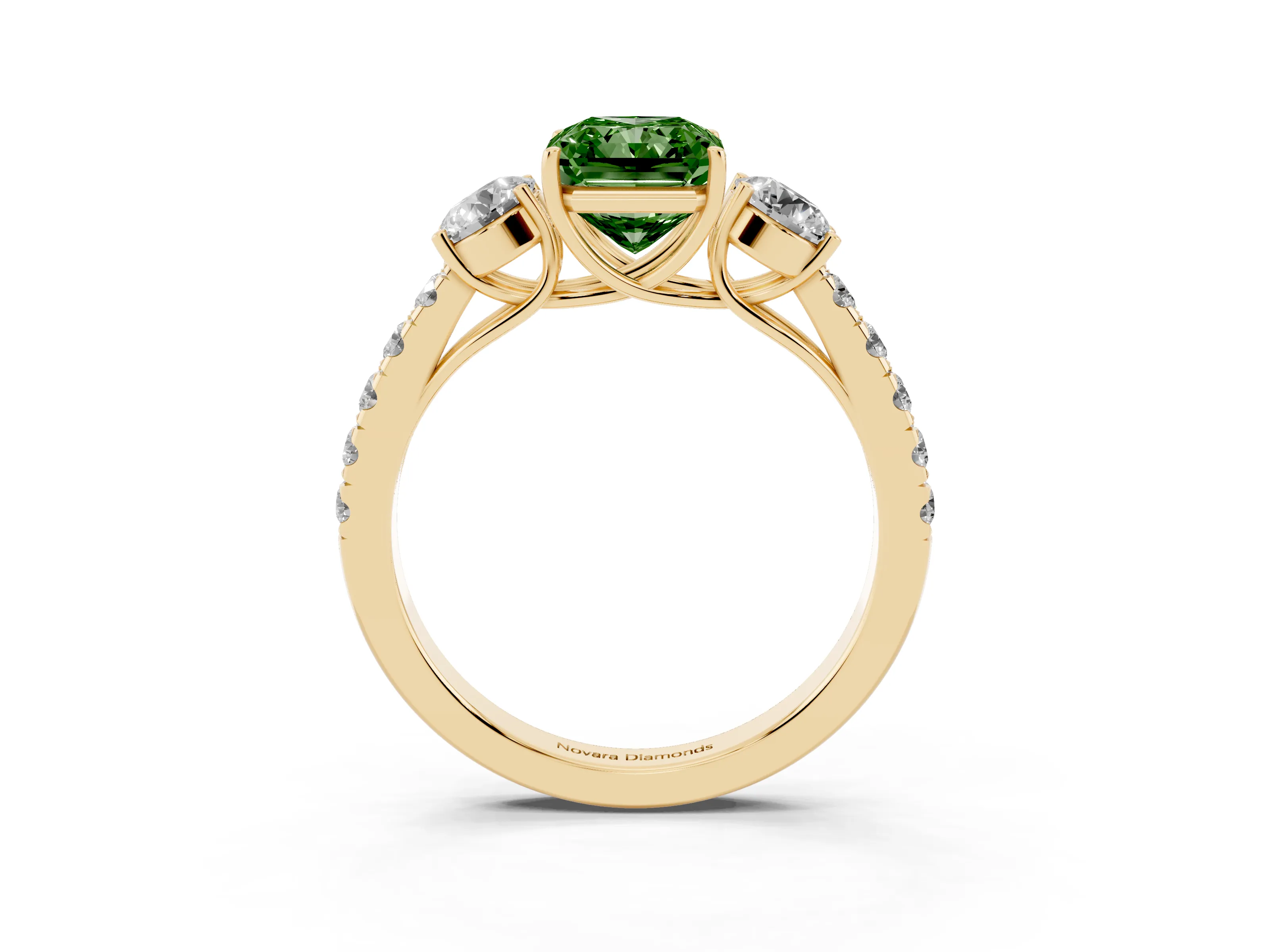 Fancy Green Radiant Cut Diamond Three-Stone Ring Set in Yellow gold with Round Side Stones and Delicate Pavé Band